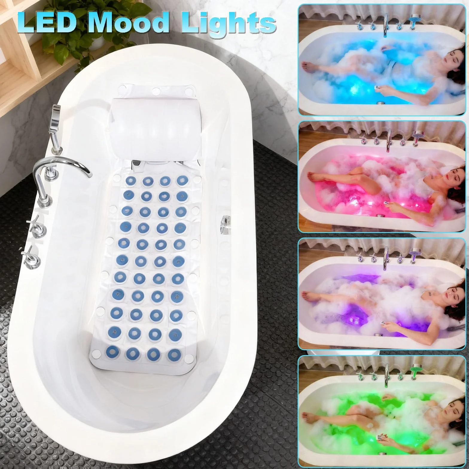 Tapis de Bain à Bulles avec Télécommande 93 Jets 6 Niveaux Lumières LED 7 Couleurs Pompe à Air Améliorée Portable
