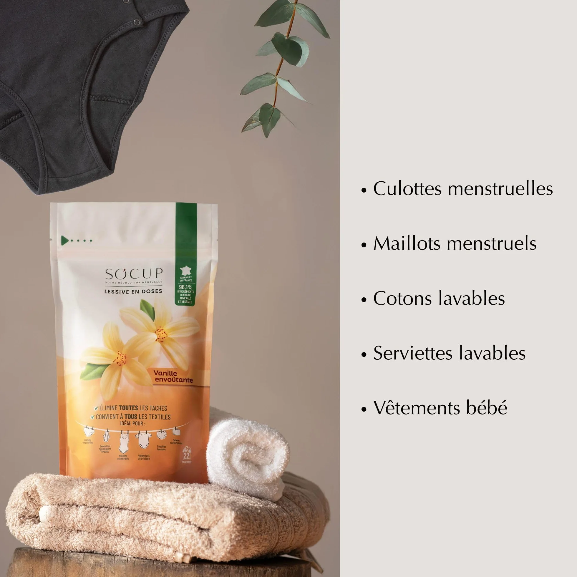 Lessive en Doses pour Culottes Menstruelles, Maillot de Bain Menstruel, Serviettes Hygiéniques et Couches Lavables Vanille Envoûtante 96% d'origine minérale et végétale