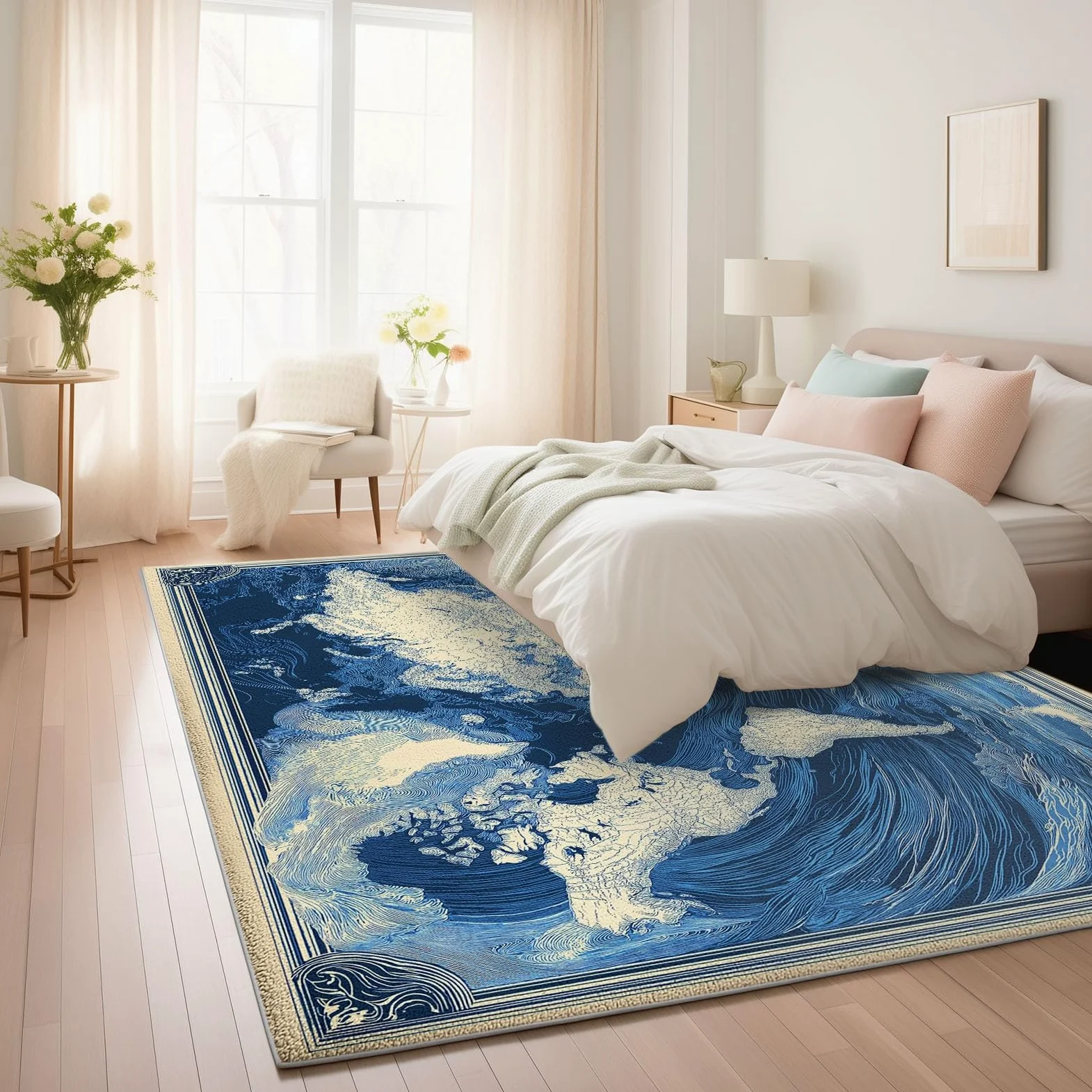 Générique Tapis Salon Affiche Rétro Carte du Monavec Vagues L'Océan 90 x 150 cm Tapis Chambre Impression 3D Moderne, Bleu Moquette Antidérapant Lavable Machine, pour Salon Salle à Manger Bureau