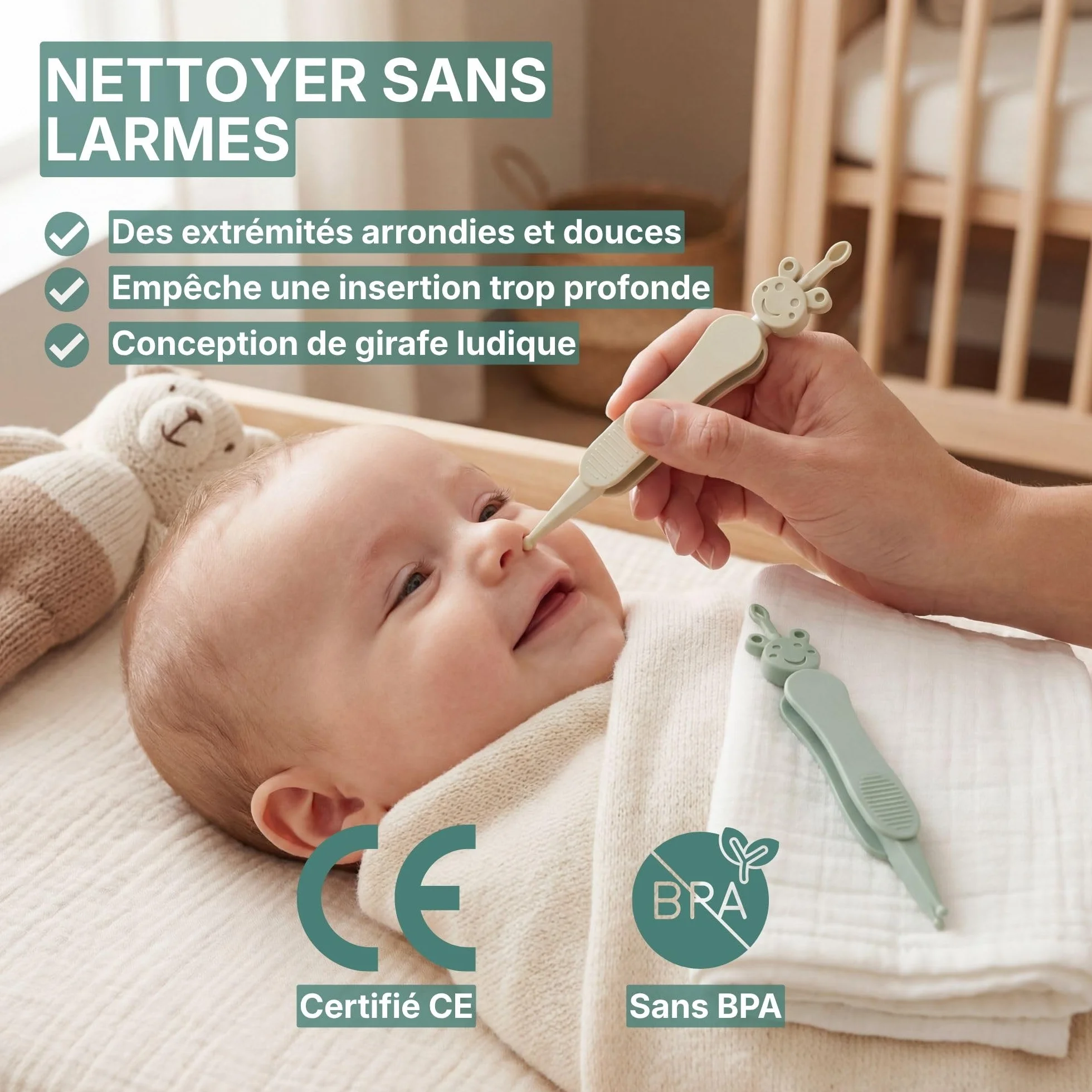 Nettoyeur de nez et d'oreilles bébé 3-en-1 avec pince, sans BPA, Vert/Beige