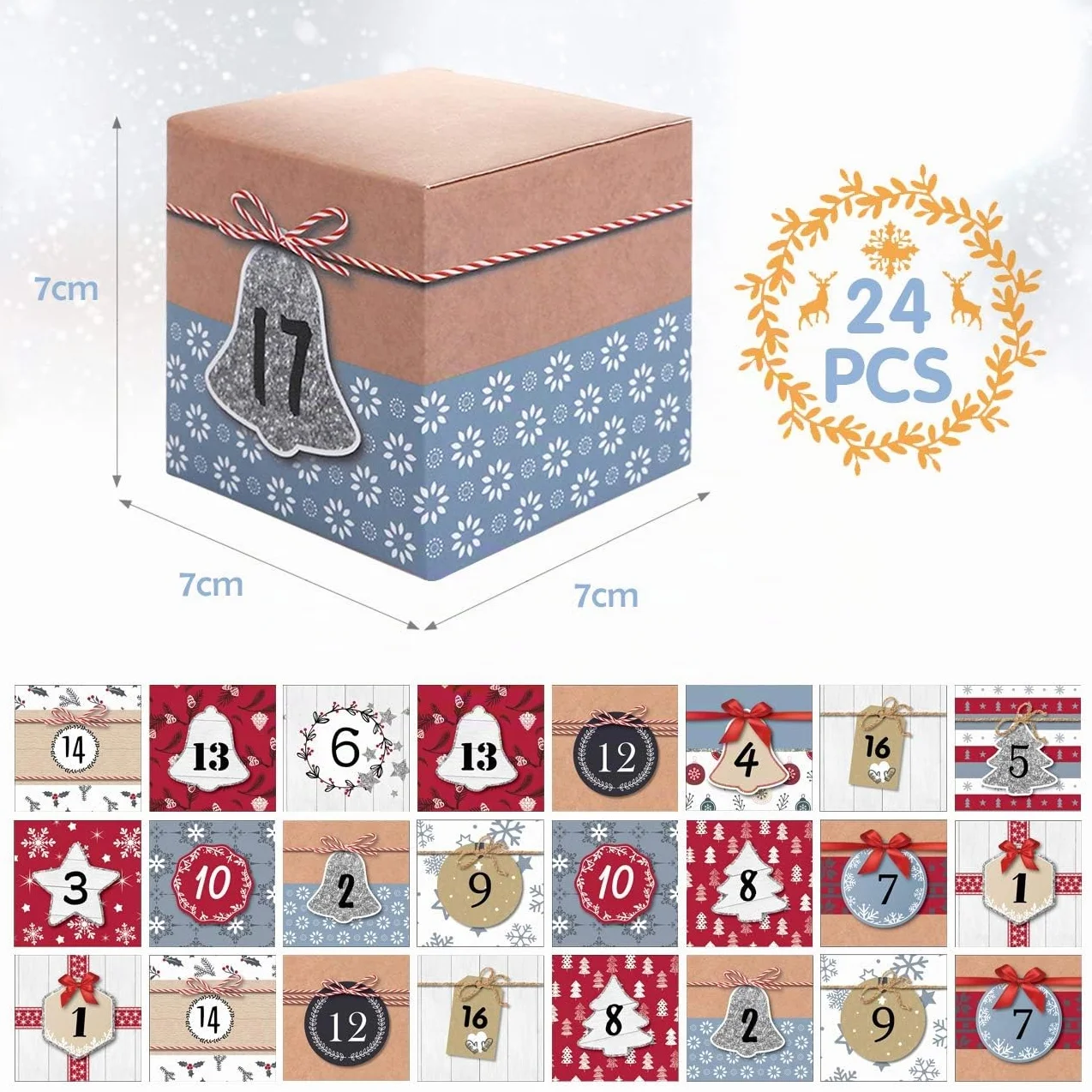 LIHAO Calendrier de l'Avent Vide 2024 24 Boîtes Sacs Papier Kraft Cadeau Noël 7x7x7 cm