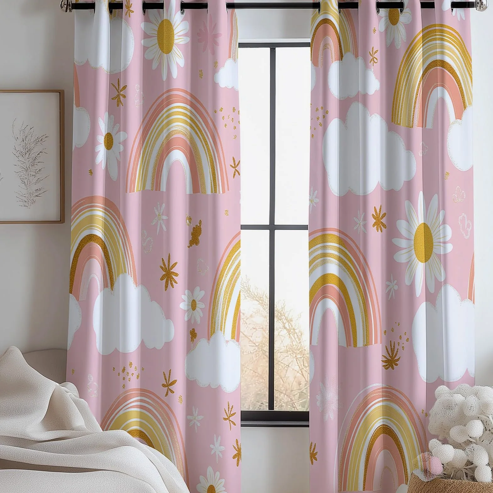 Générique Rideaux Occultants Nuages Arc en Ciel Plantes Fleurs, Rideaux Imprimé Isolant Thermique Anti Froid - Draperies Polyester Oeillet Rose pour Chambre Salon Décoration Lot de 2 110L x 215H cm