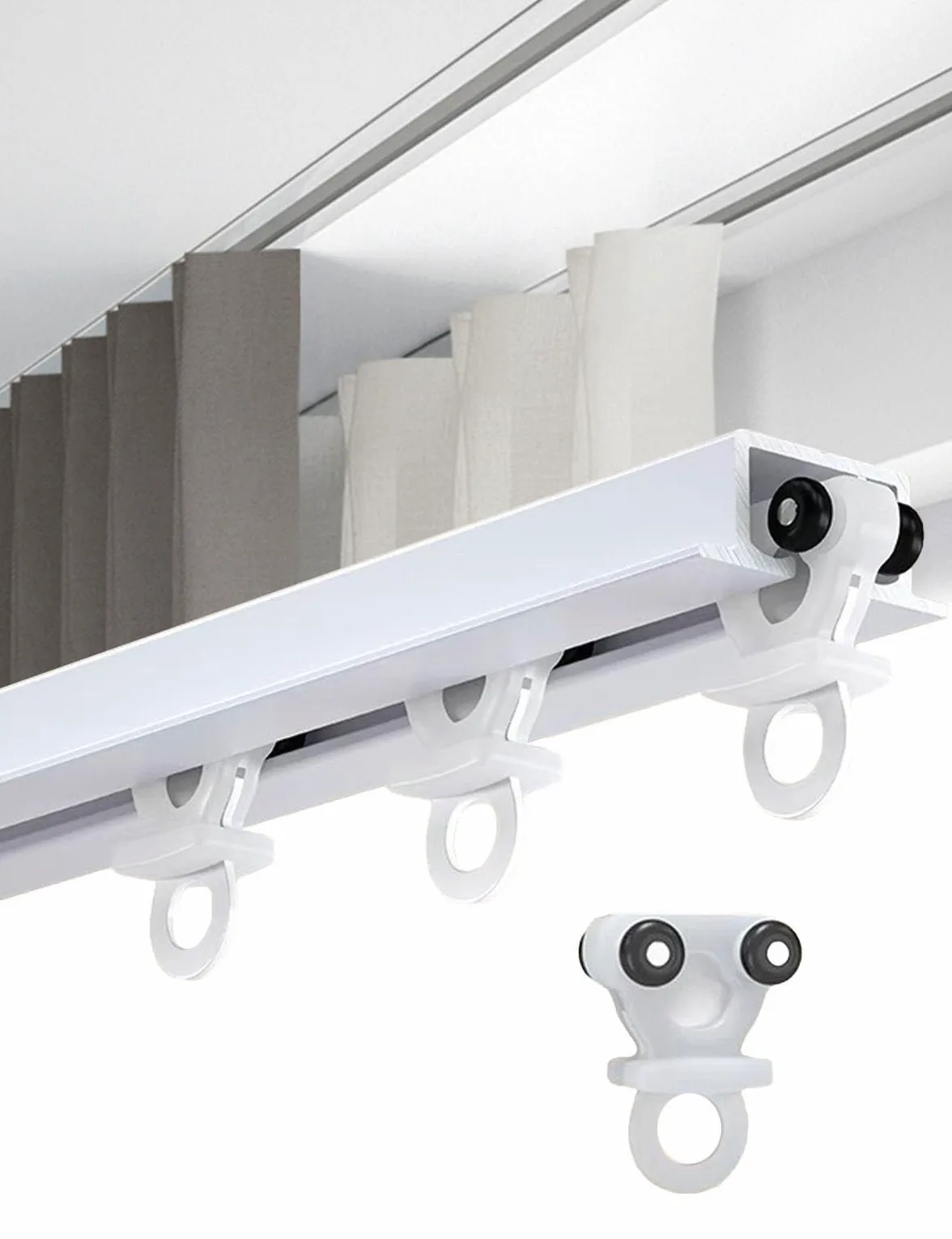 Rail de Rideau de Plafond en Aluminium Invisible, Montage au Plafond Rail de Rideau Aluminium, Rail à Rideau Encastrée pour Separation de Piece/Rideaux/Chambre/Balcon/Bureau/Hôtel(White four wheels,3