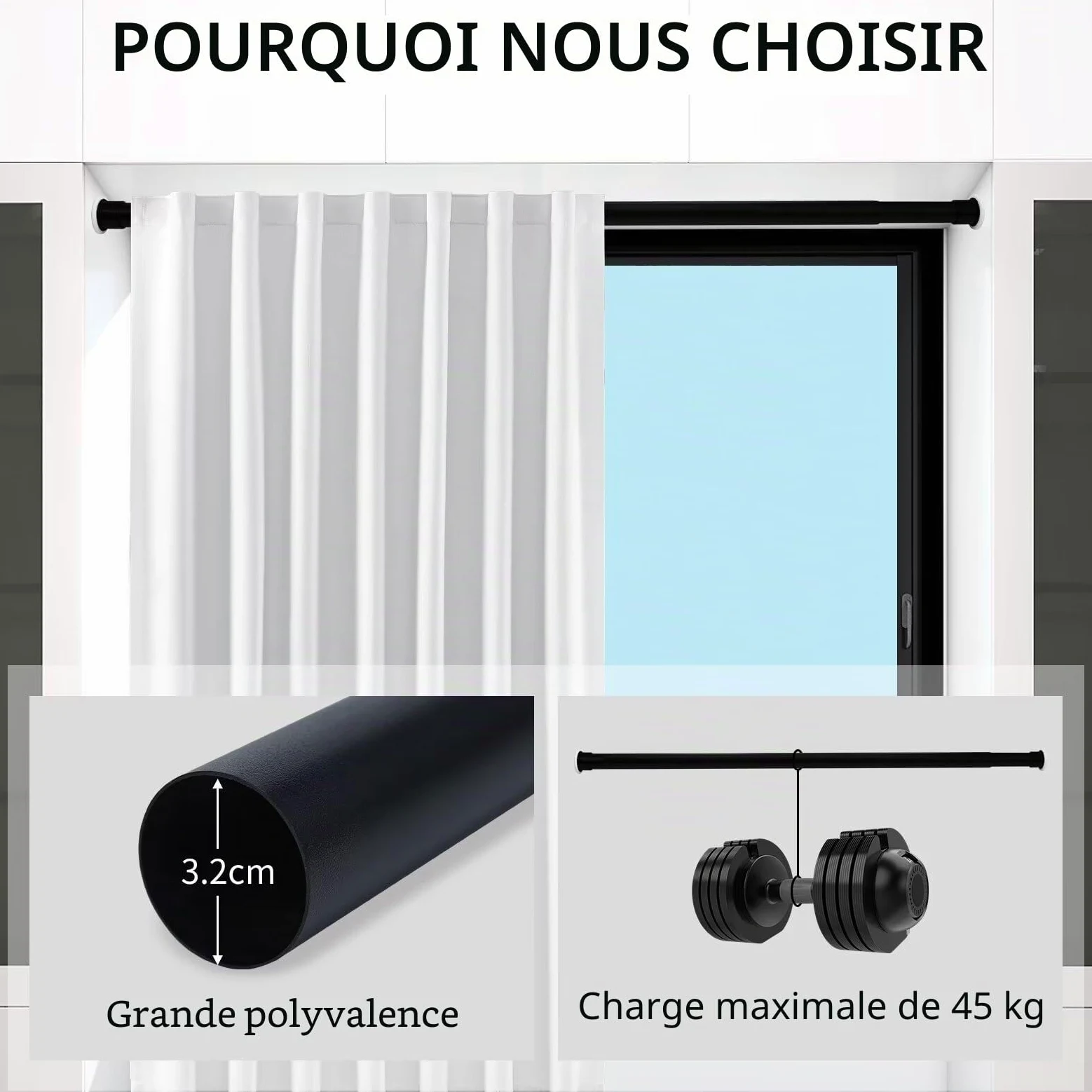 Joydeco Tringle de Rideau Douche Extensible sans Perçage 360cm-410cm, Barre Montage sans Vis en Acier Inoxydable, Diamètre 32mm, Tringle Multifonctionnel pour Salon Chambre Balcon - Noir