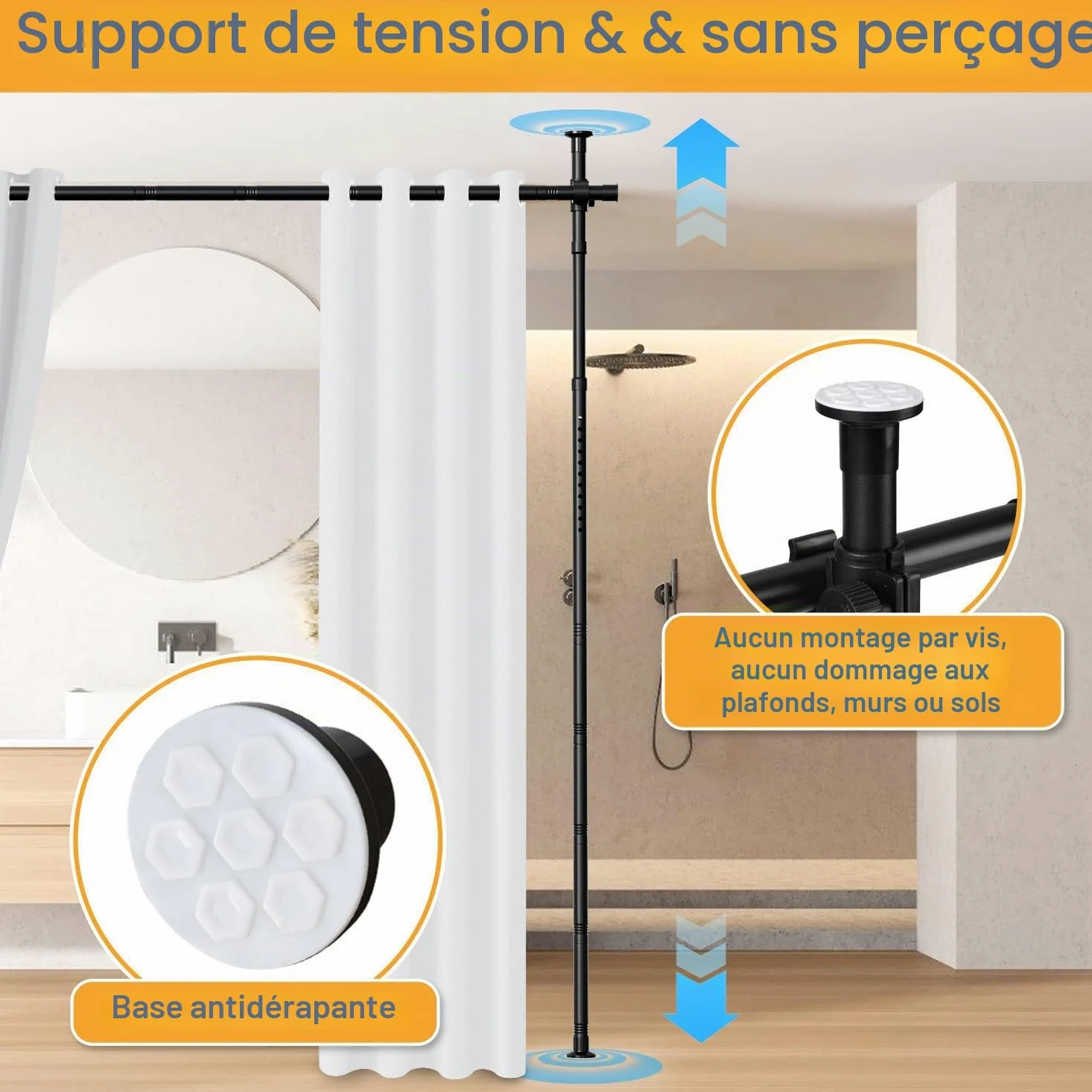 Paravent de séparation de pièce Jaxguom, tringle à rideaux, réglable de manière flexible sans perçage, L 70-177cm x H 122-305cm, paravent autoportant sans rideau, protection des regards pour salon