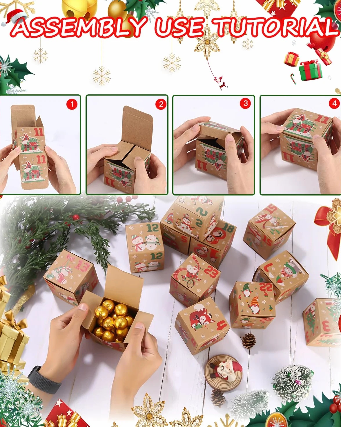 Calendrier de l'Avent 24 pièces Boîtes Kraft DIY Set Cadeau Noël