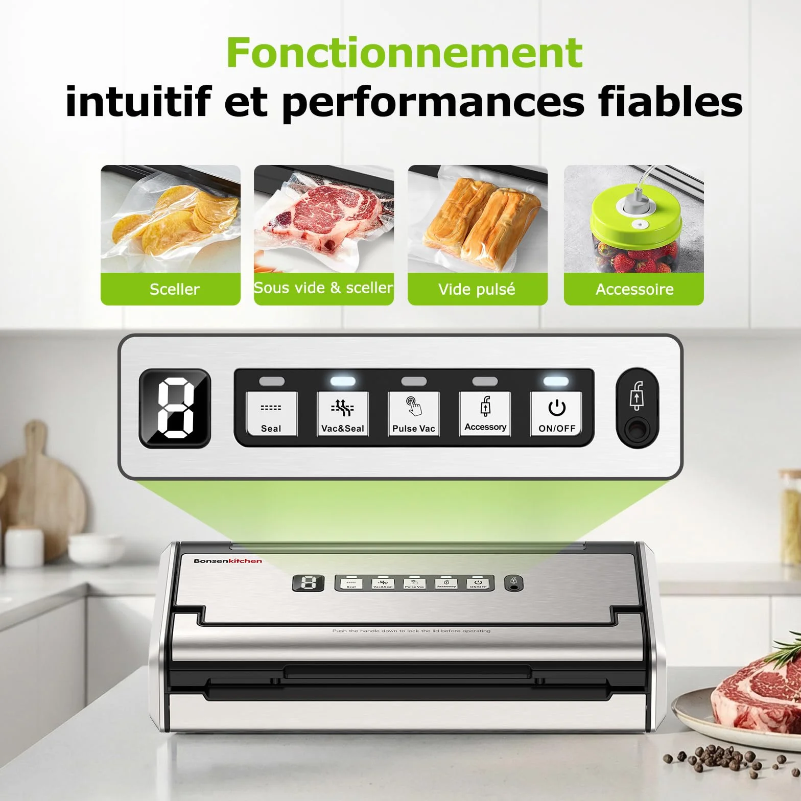 Bonsenkitchen Machine Sous Vide, 5mm Soudure Large Anti-Fuite, Acier Inoxydable, Une Main & Pulse Sec/Humide, VS4200