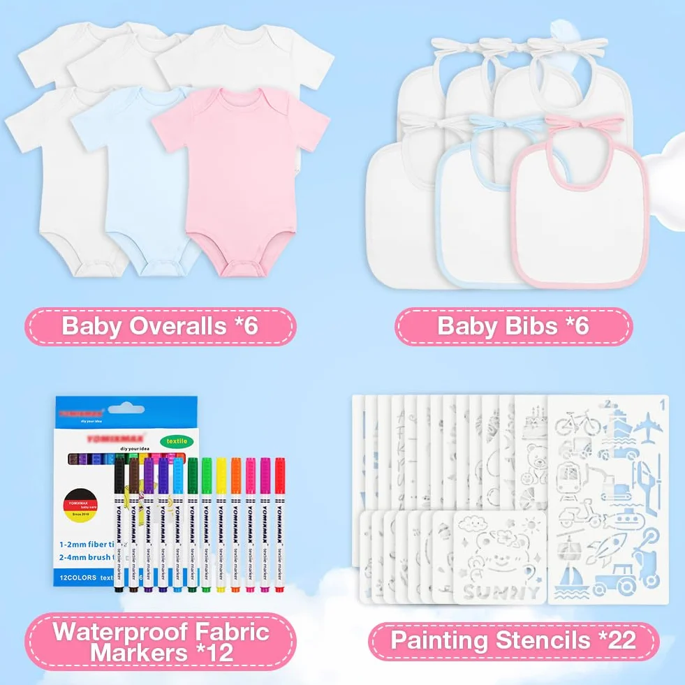 Bavoirs Peinture 6PCS avec Grenouillères 6PCS, 12 Stylos Textiles, 22 Pochoirs, Cadeau Babyshower DIY (9-12mois)