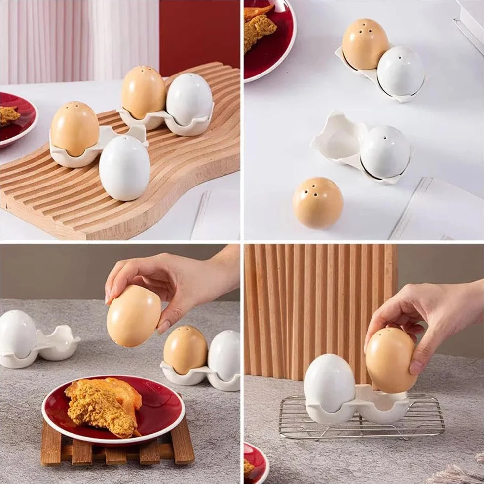 Ensemble salière et poivrière en céramique forme d'œuf, pot à épices amusant, mini shaker marron avec support