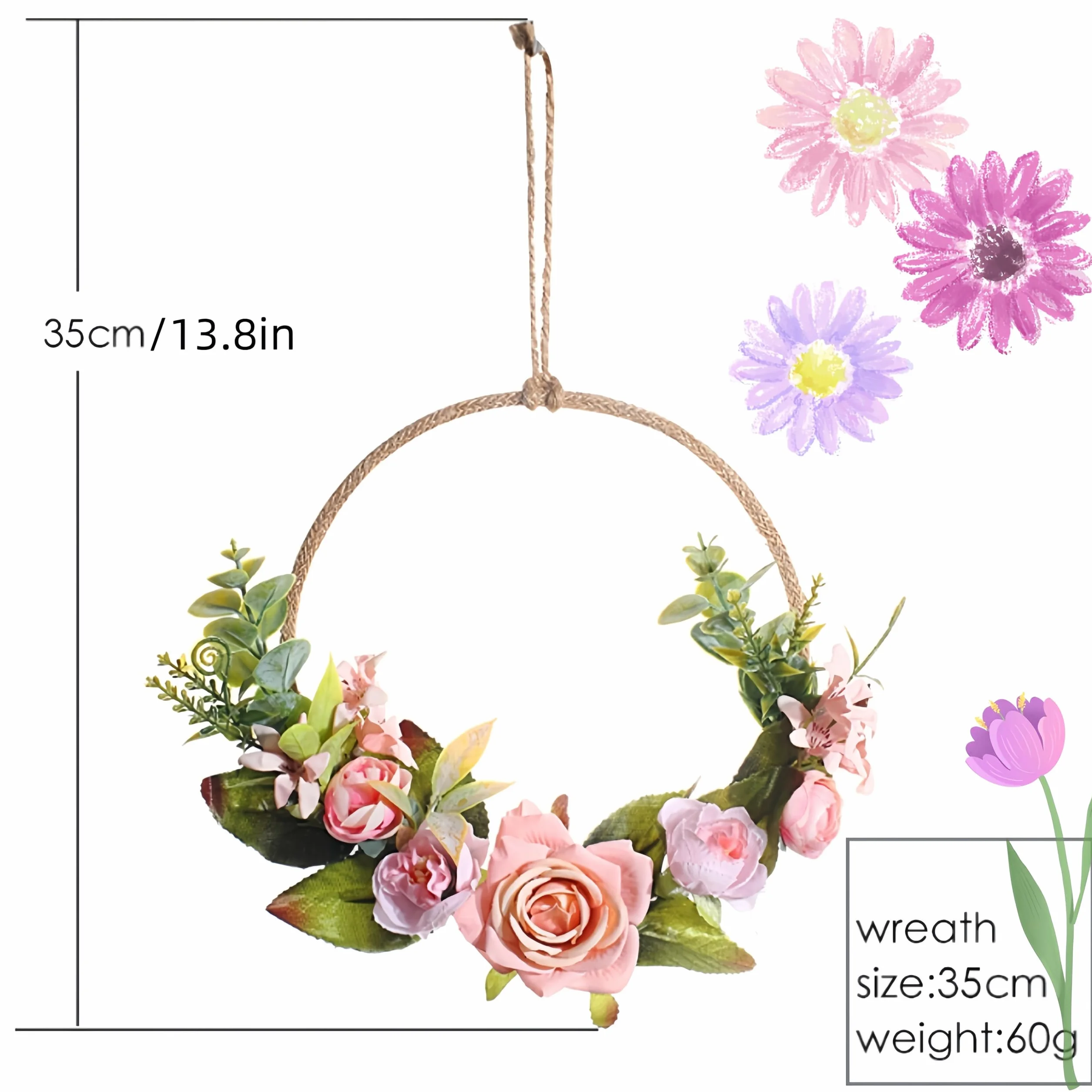 Couronne murale en métal avec orchidée artificielle et eucalyptus - Décoration de porte printanière