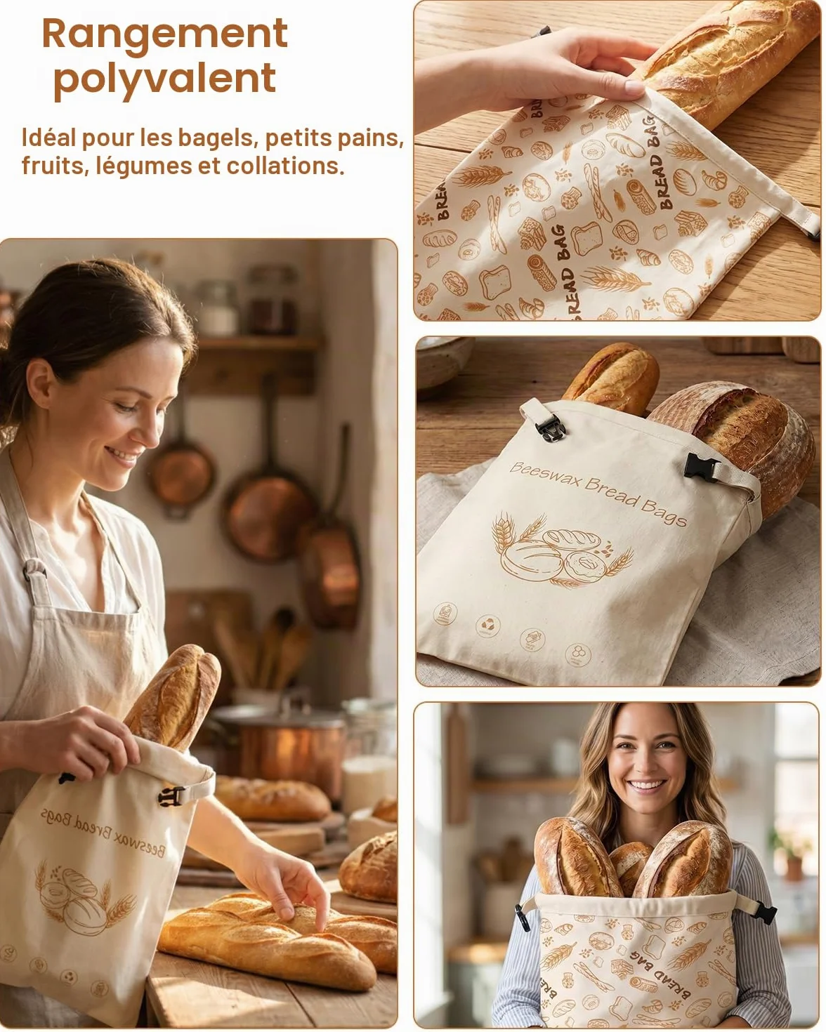 Sacs à Pain en Cire d'Abeille 43x33 cm Réutilisable en Coton Conservation Pain au Levain Baguette