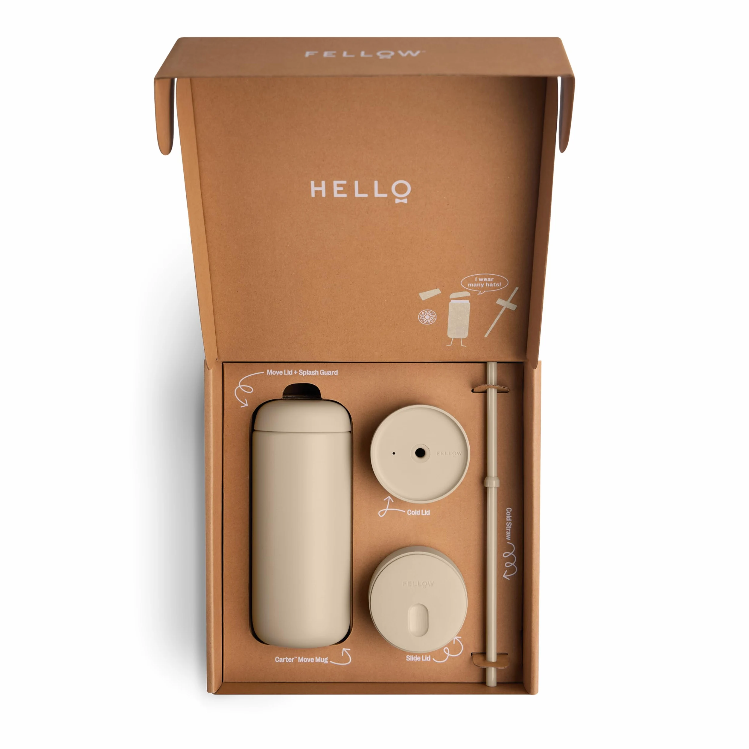 Fellow Tasse de voyage 3 en 1 avec fermeture coulissante, couvercles Move & Cold avec paille – Tasse à café à emporter – Intérieur en céramique et acier inoxydable isolé sous vide – Tasses à café