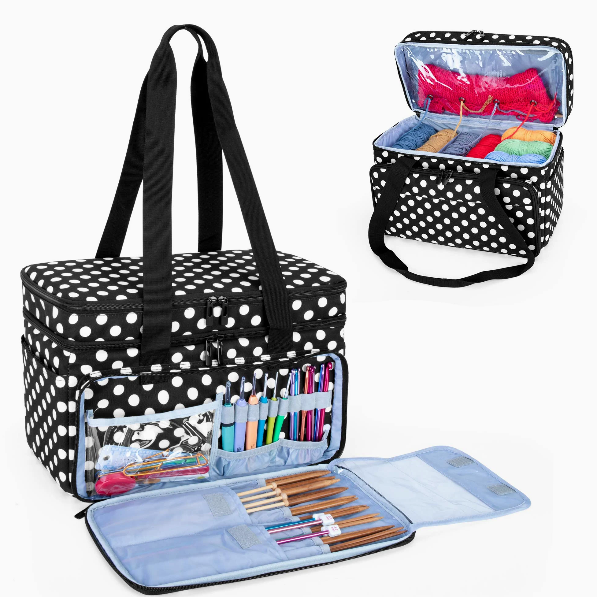 CURMIO Sac à Tricot Double Couche, Rangement pour Laine Crochets, Pois | Plusieurs Élastiques & Compartiments, 4 Œillets, Bandoulière, pour Aiguilles à Tricoter & Projets de Tricot, Sac Uniquement