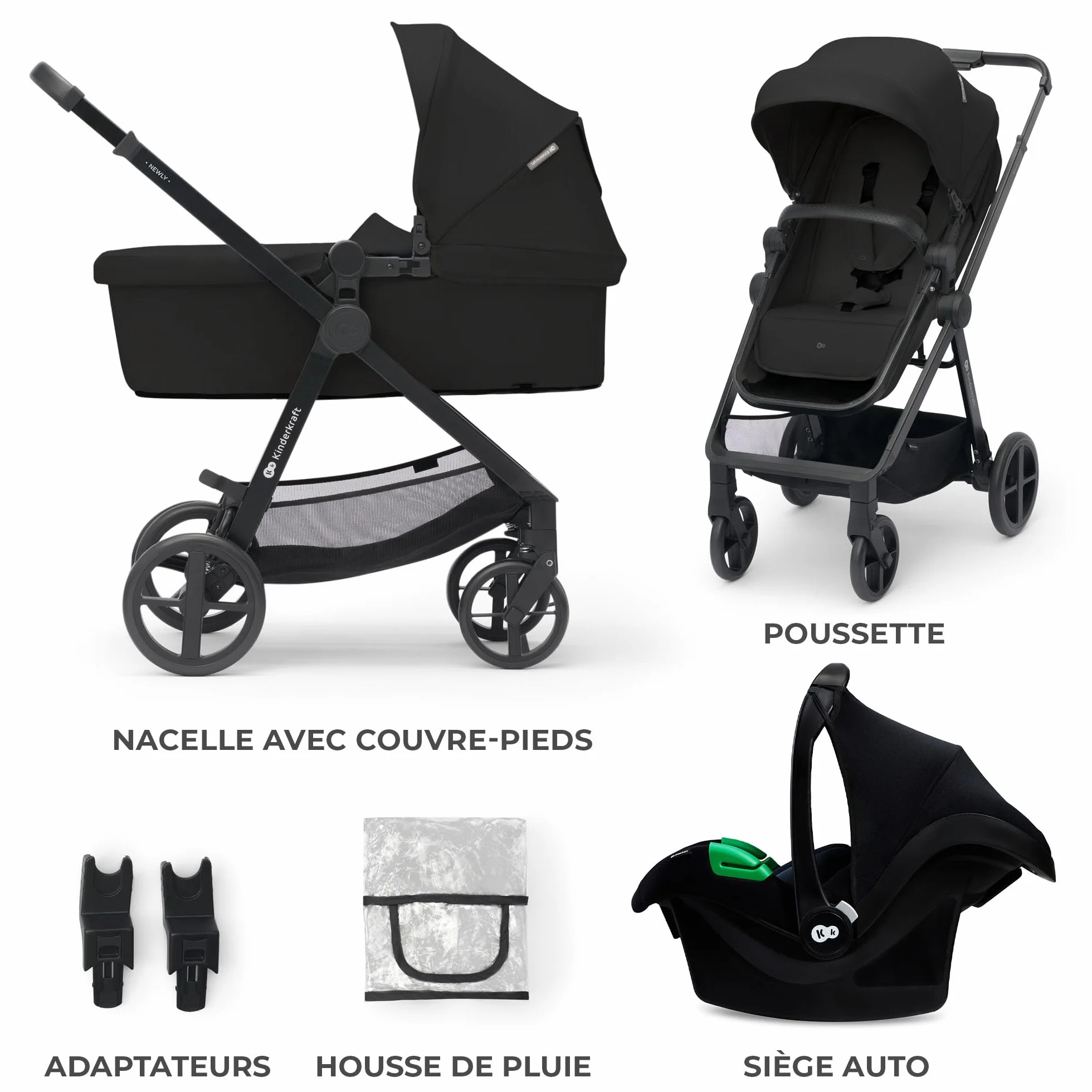 Kinderkraft NEWLY 3 en 1 Poussette Trio Système de Voyage avec Siège Auto MINK PRO I-Size 360°, Noir