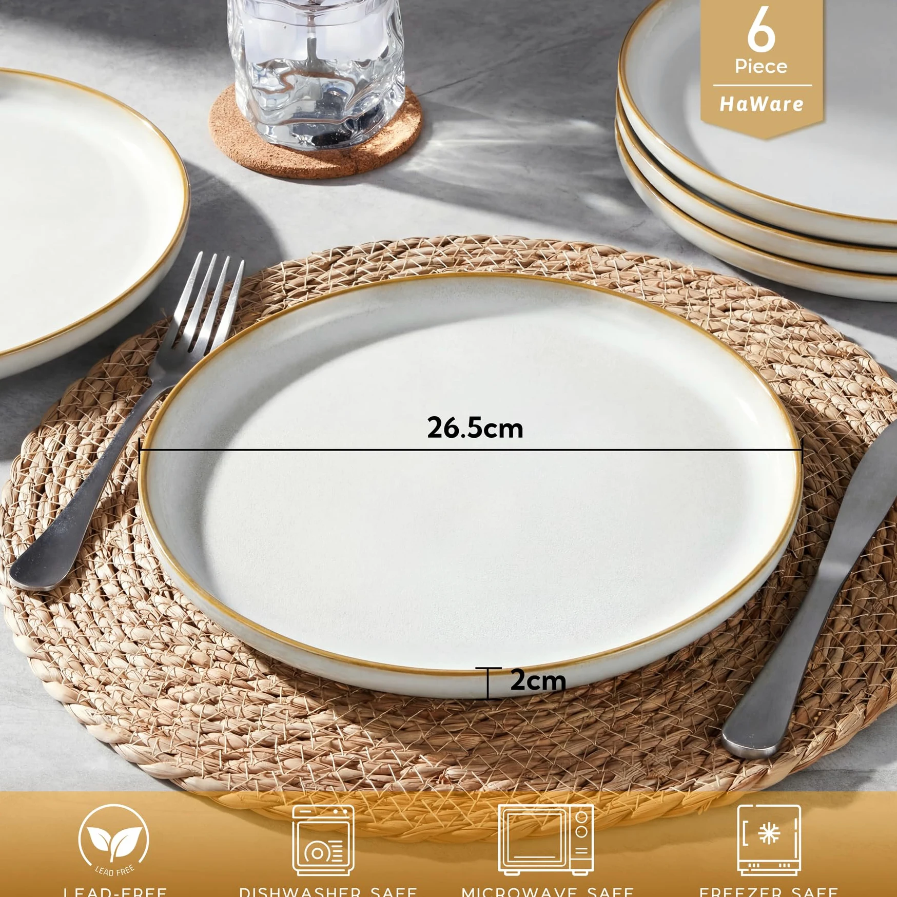 HaWare Lot de 6 grandes assiettes rondes en céramique émaillée réactive de 26,7 cm pour maison, restaurant, résistantes aux éclats et aux rayures, passent au micro-ondes et au lave-vaisselle, blanc
