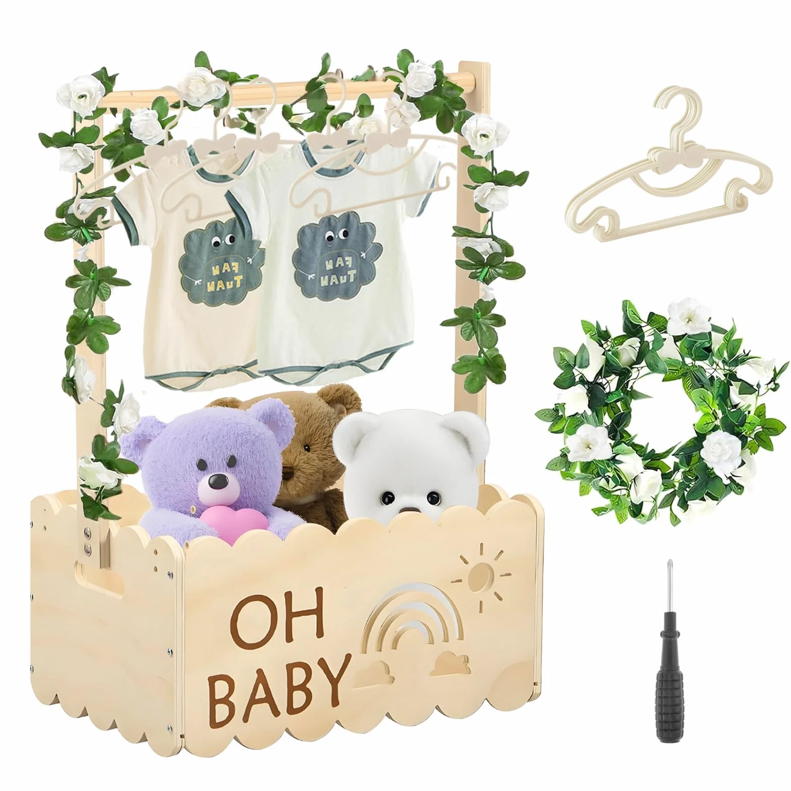 Armoire de Caisse pour Bébé en Bois avec Rotin Rose et 5 Cintres, Cadeau Personnalisé pour Douche de Bébé