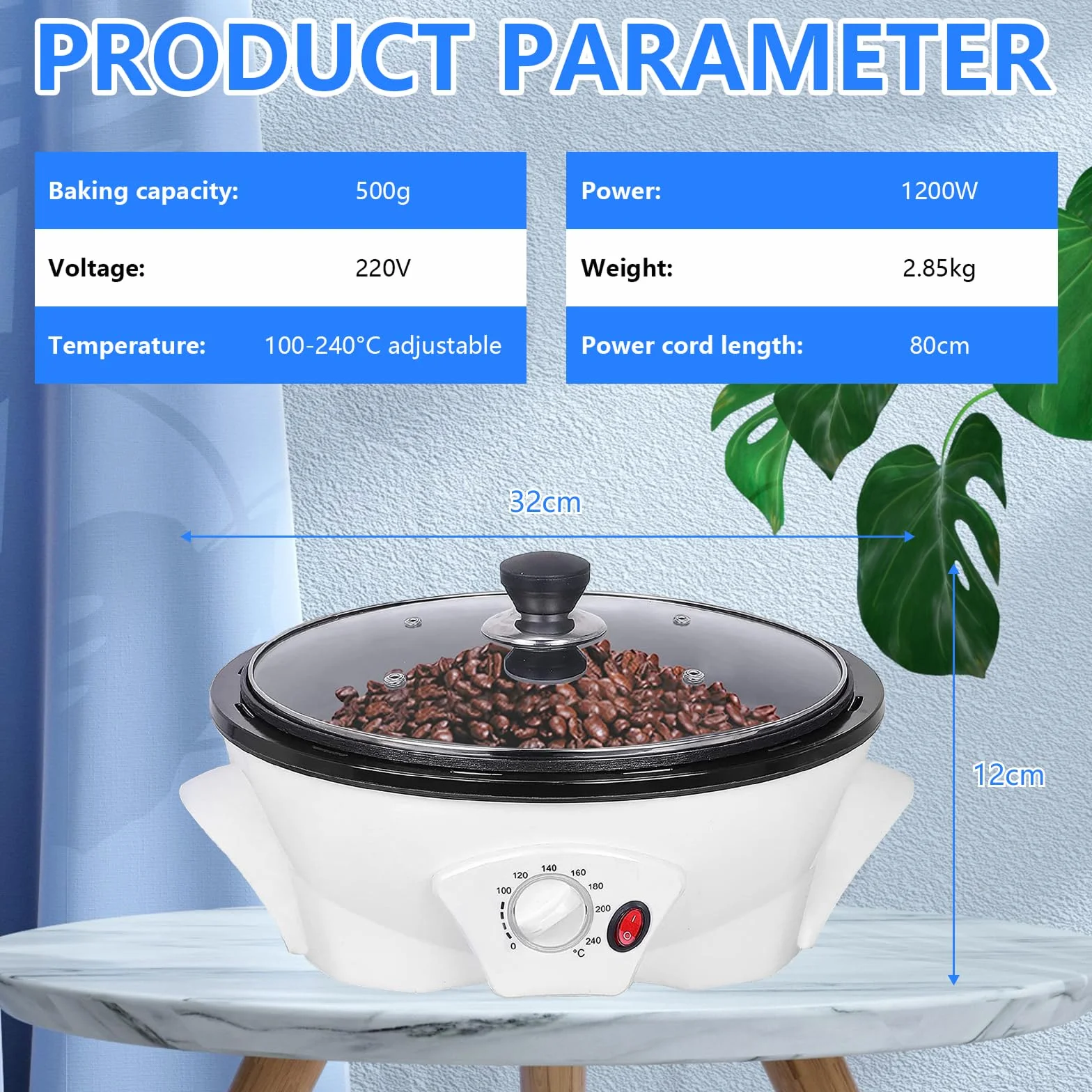 Torréfacteur De Café Électrique 1200W 500g Machine À Torréfier Les Grains Avec Minuteur Température Réglable 0-240°C