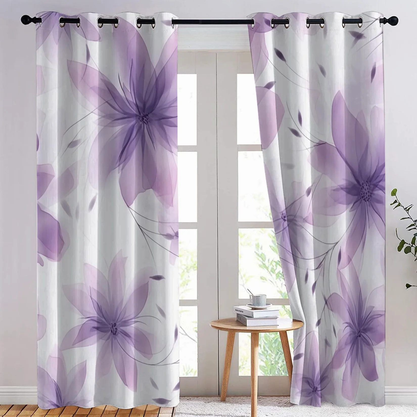 Rideau Occultant Fleurs Violette, Rideaux Thermiques à Oeillets pour Chambre, Motif Floral Rideaux Salon, Moderne Lot de 2 Décoration de Fenêtre pour Enfant Fille Garcon Rideaux 140x160cm LxH