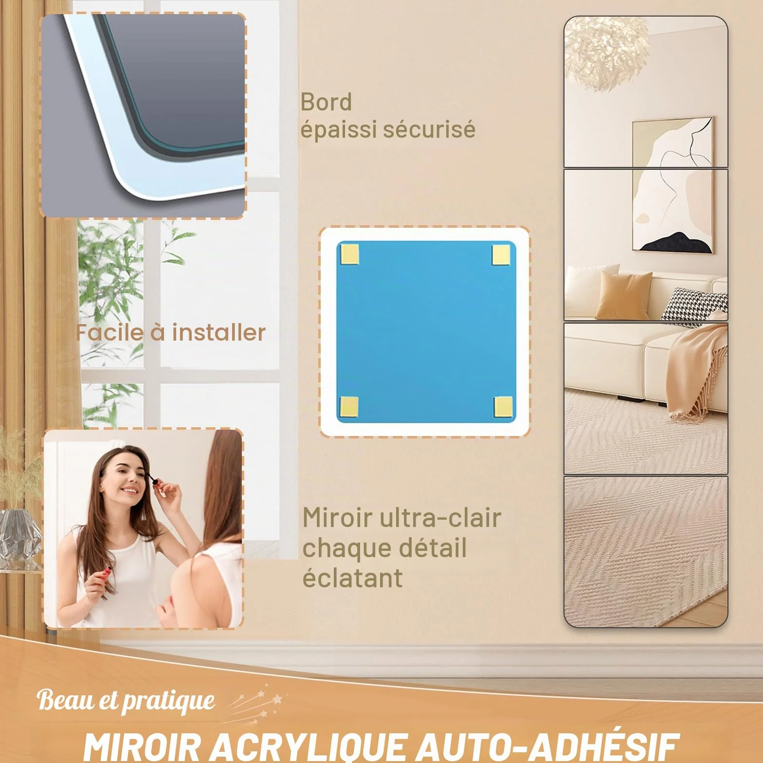 Miroir Mural Adhésif 30x30 cm Acrylique Incassable pour Salle de Bain