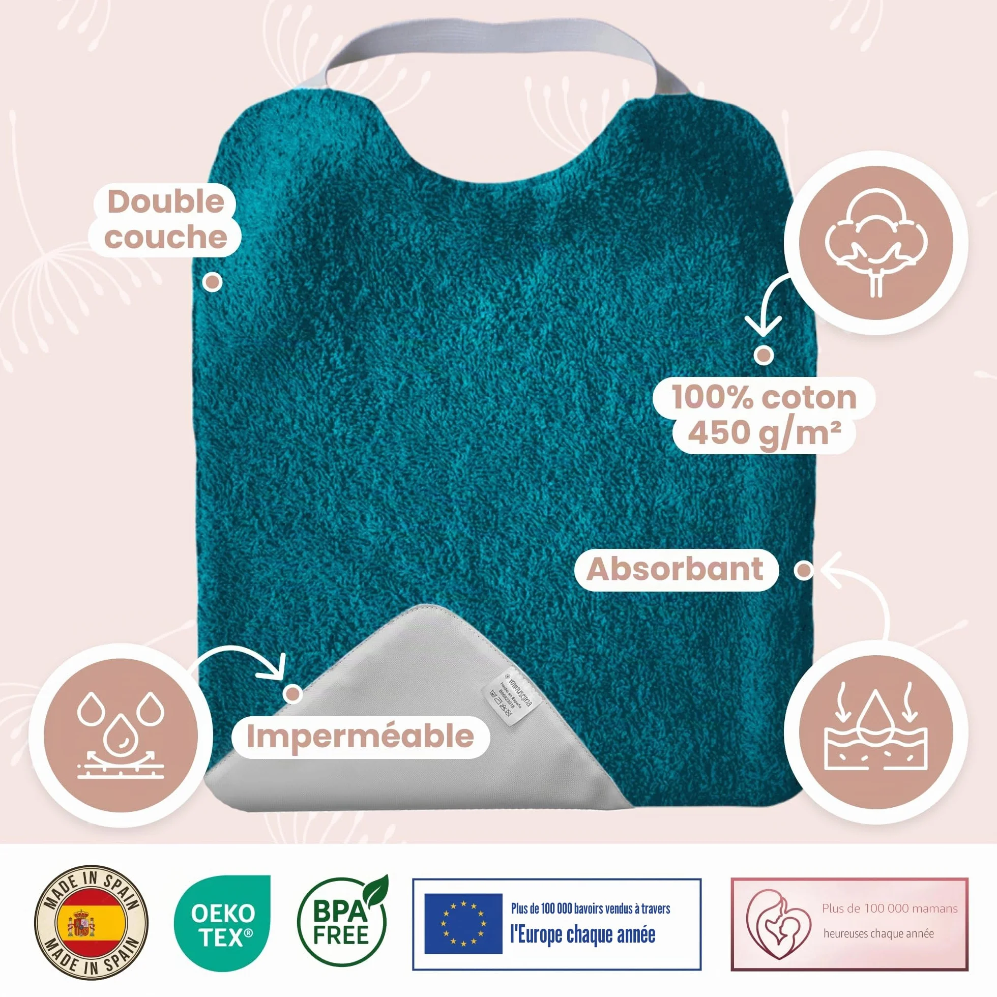 Bavoirs Bébé Imperméables Réutilisables Coton Premium Lot de 5 avec Élastique au Cou Fabriqué en Espagne