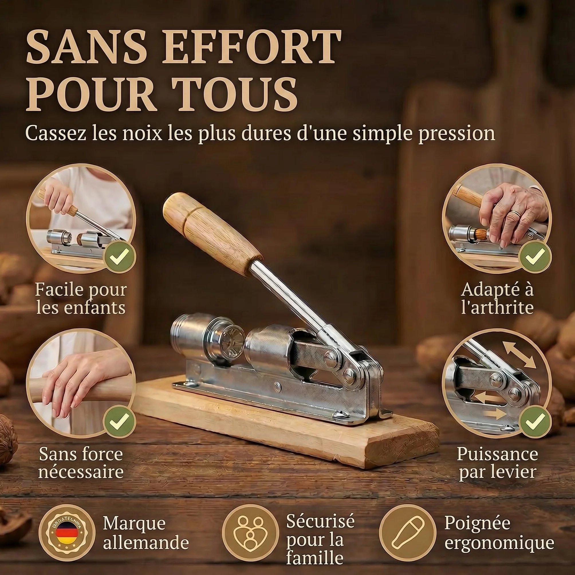 Casse-noisettes en acier inoxydable avec levier réglable