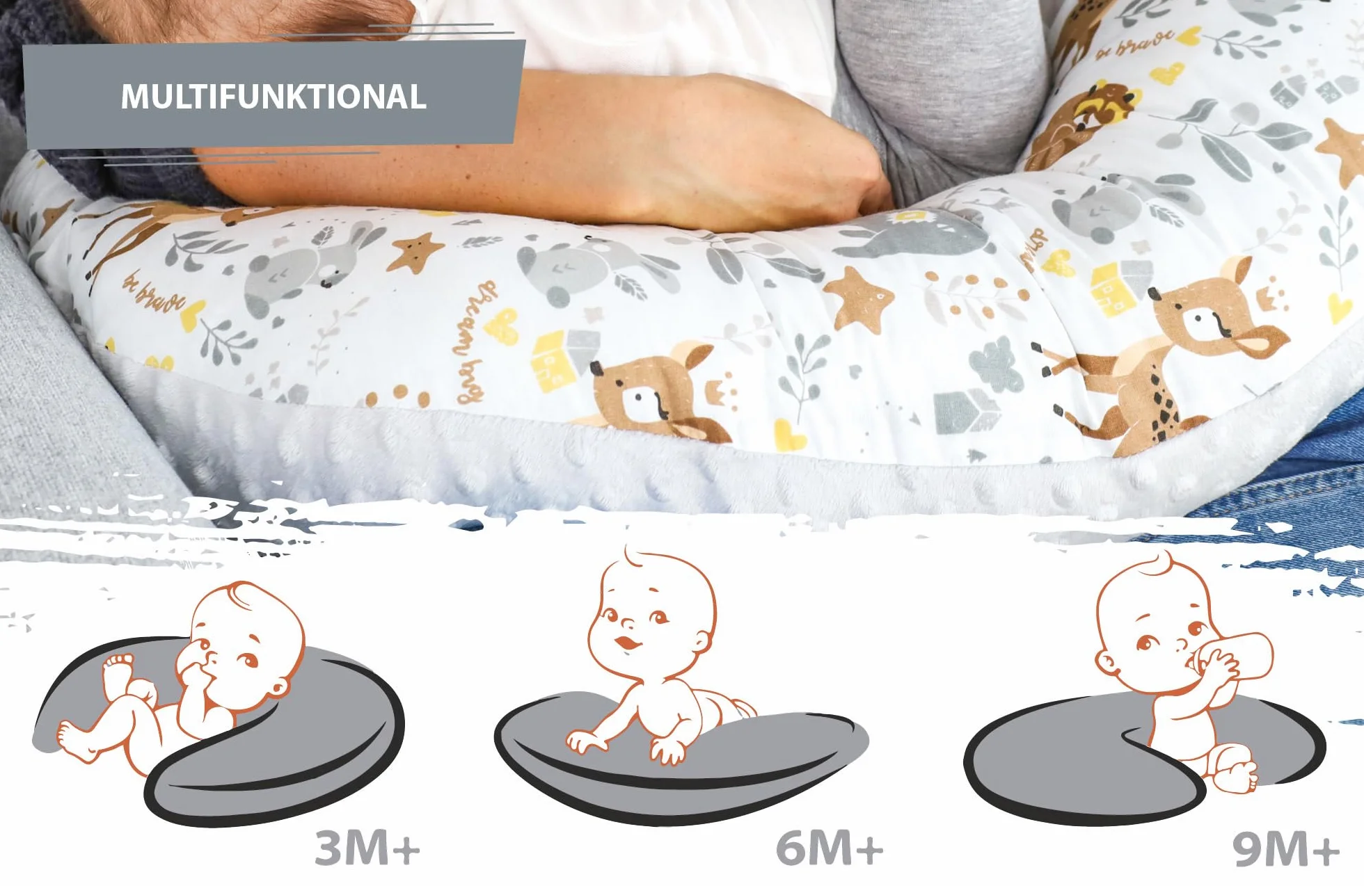 Totsy Baby Coussin Allaitement Grossesse 130 cm Oeko-Tex Cerf Gris