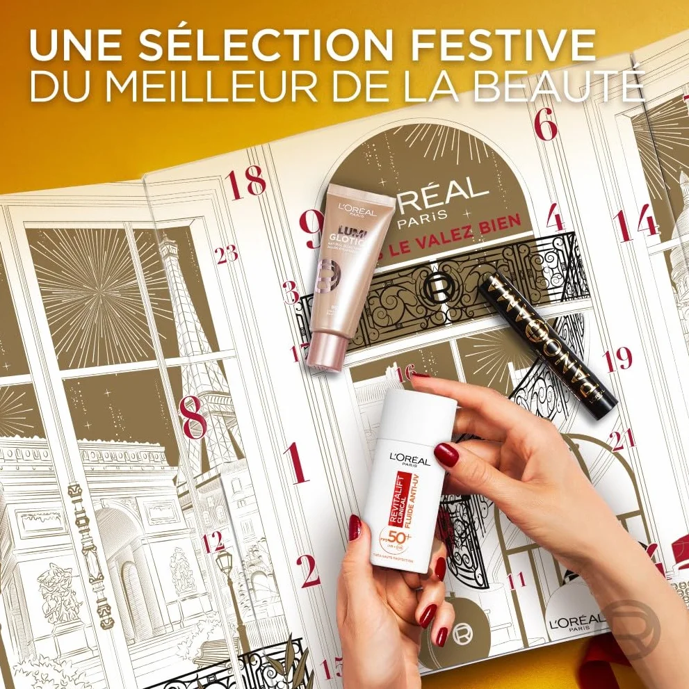 L'Oréal Paris Calendrier de l'Avent 24 Jours Coffret Cadeau Noël Maquillage Soins Visage Cheveux 24 Produits Beauté Taille Réelle