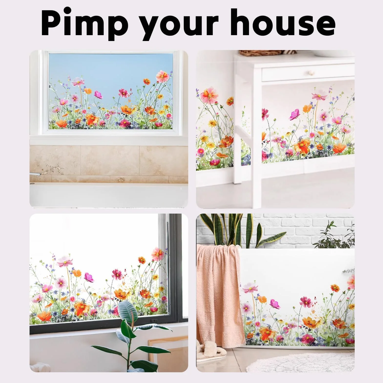 Stickers Fenêtre FLEURS en VASES Multicolore 30x60 cm Autocollants Réutilisables pour Salon