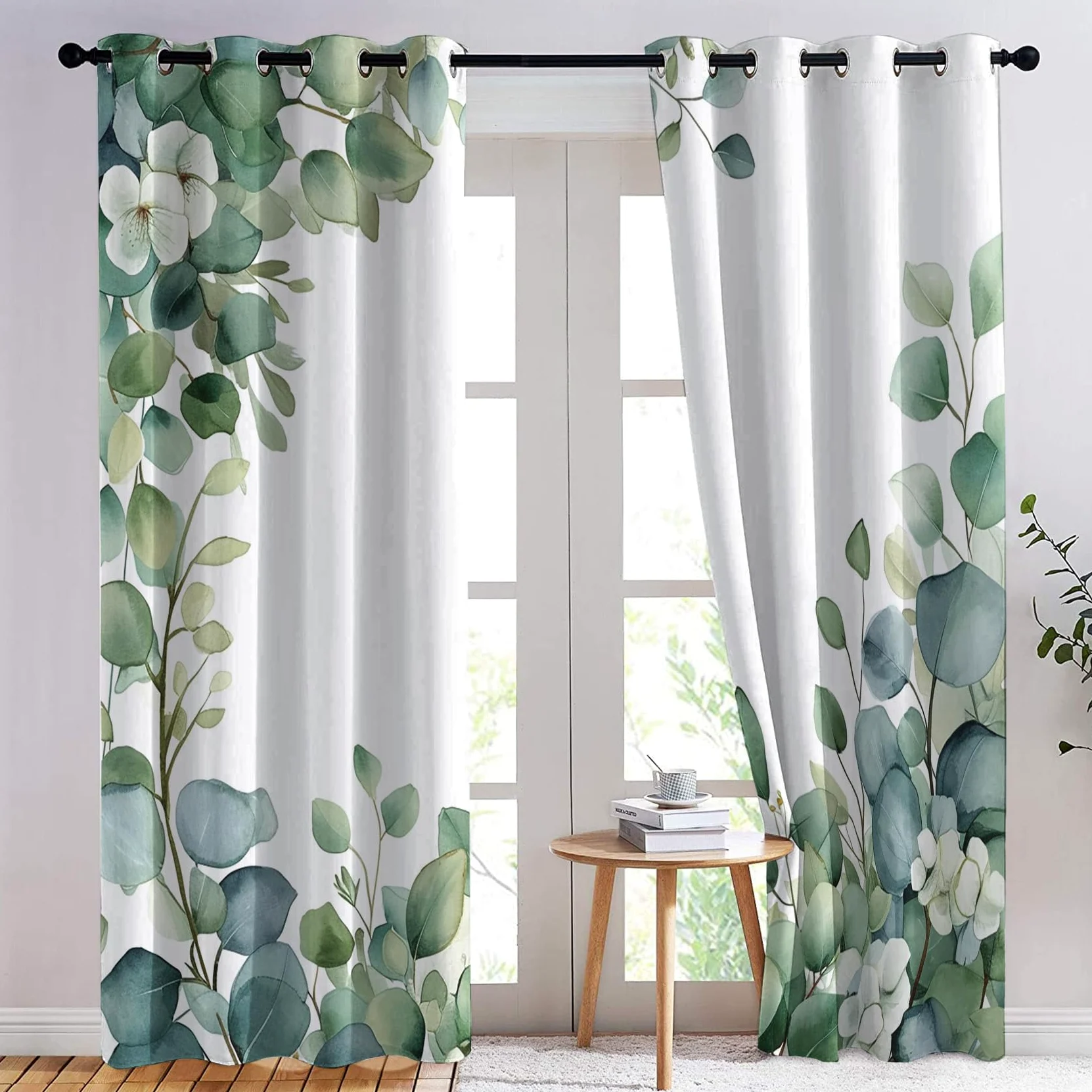 Rideau Occultant Eucalyptus, Feuille Verte Motif Rideaux Thermiques à Oeillets, Rideaux Imprimé pour Salon Chambre Fenetre Moderne Décoration, 140x220 cm (L x H), Lot de 2