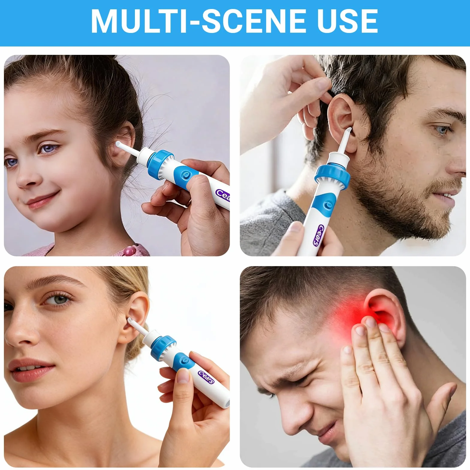 Extracteur de Cérumen Électrique Nettoyage Oreilles Bébé Enfants Adulte 2 Têtes Rechange Lavables Brosse