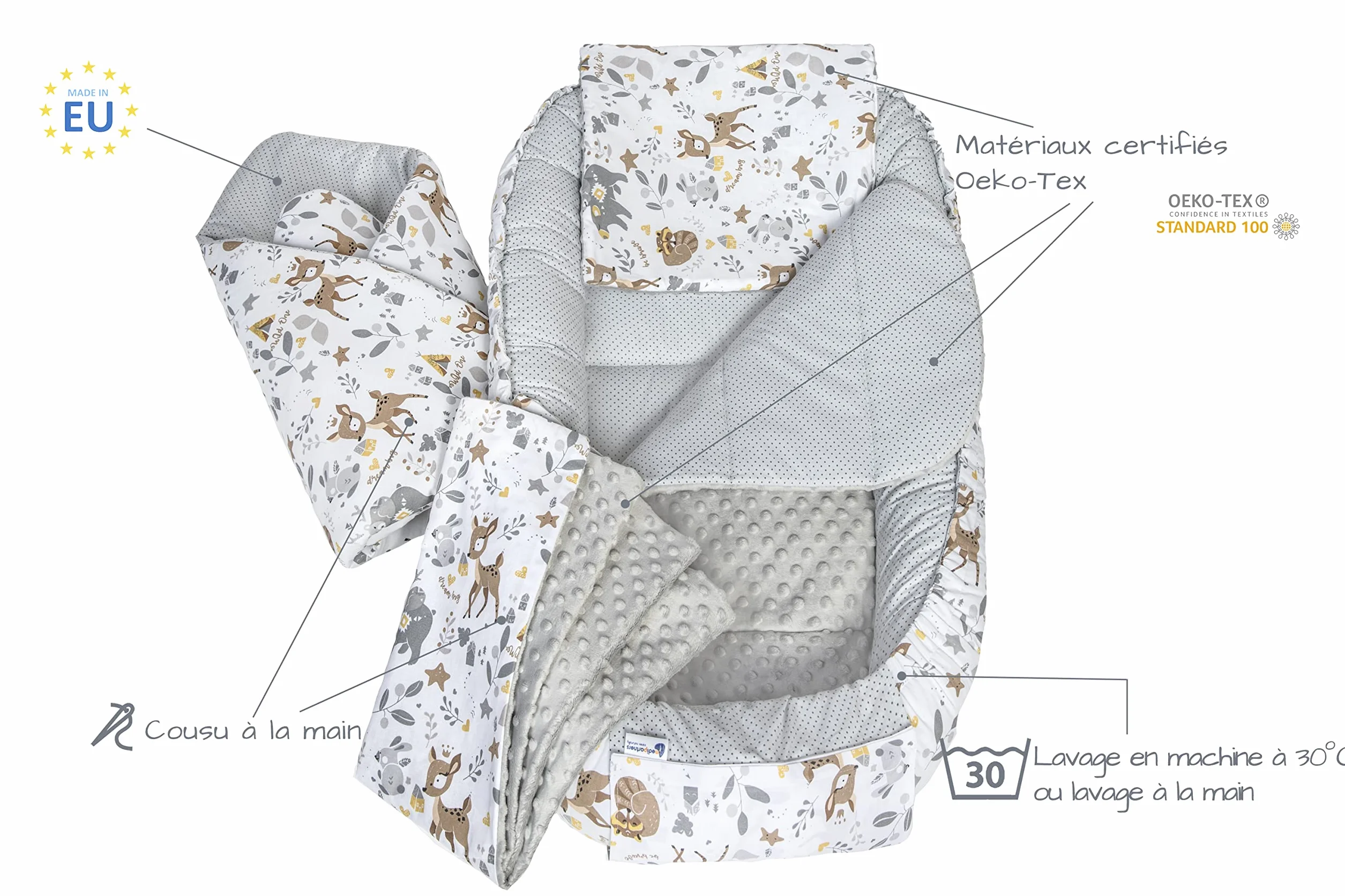 Réducteur de Lit Bébé 100x60x15cm 5 Éléments Cocon Naissance Nid d'Ange Bilatéral Cale 100% Coton Minky Cerf Gris
