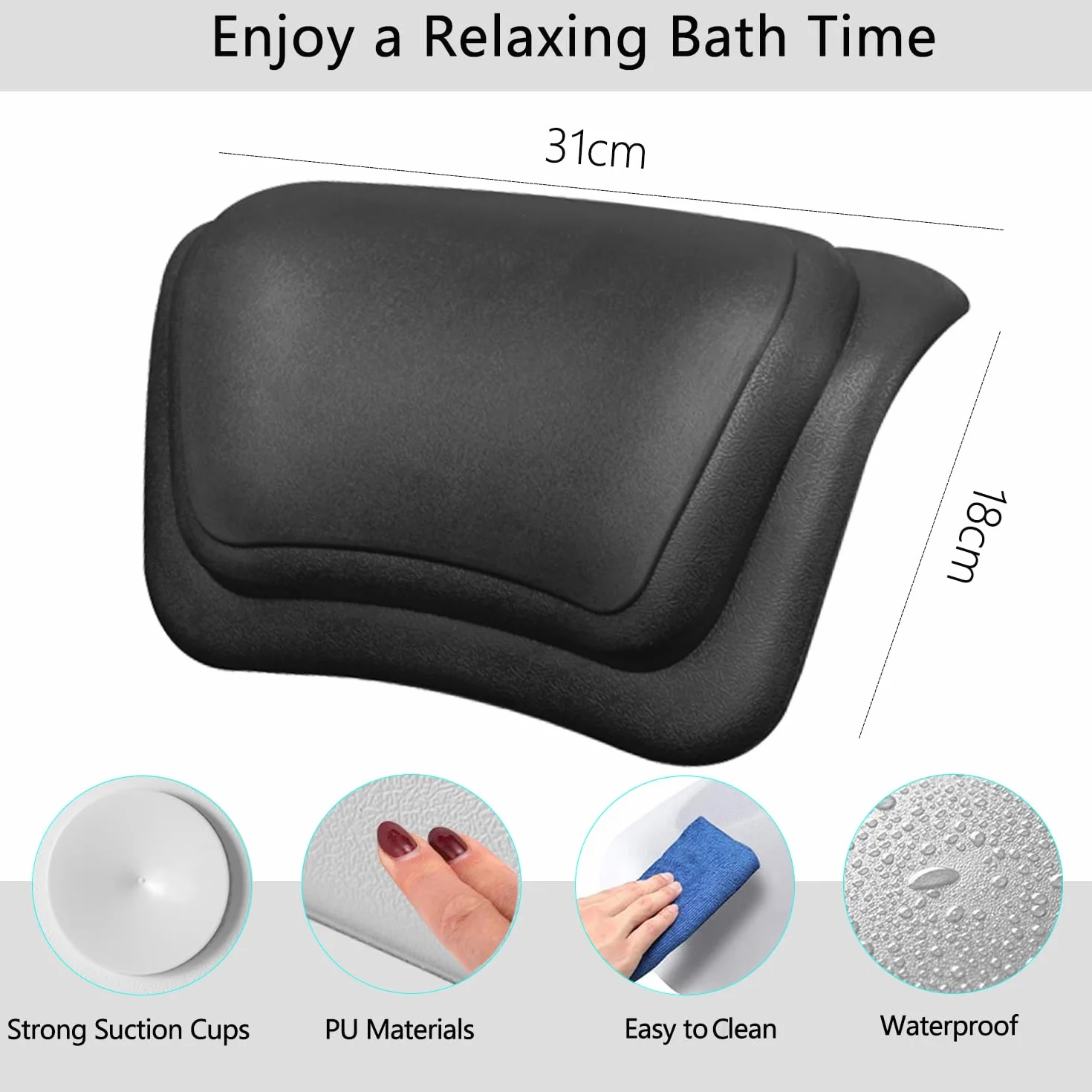 Oreiller de Bain Imperméable Coussin Baignoire Ergonomique Ventouses Antidérapantes Confort Cervical Noir