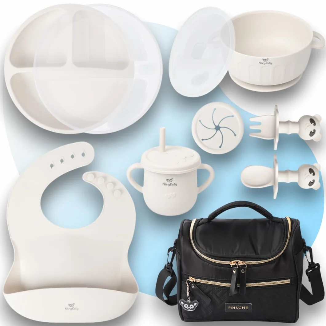 Set Repas Bébé Silicone 8 Pièces Assiette Compartimentée Bol Tasse Couverts Bavoir Sac Isotherme Kit Voyage Beige