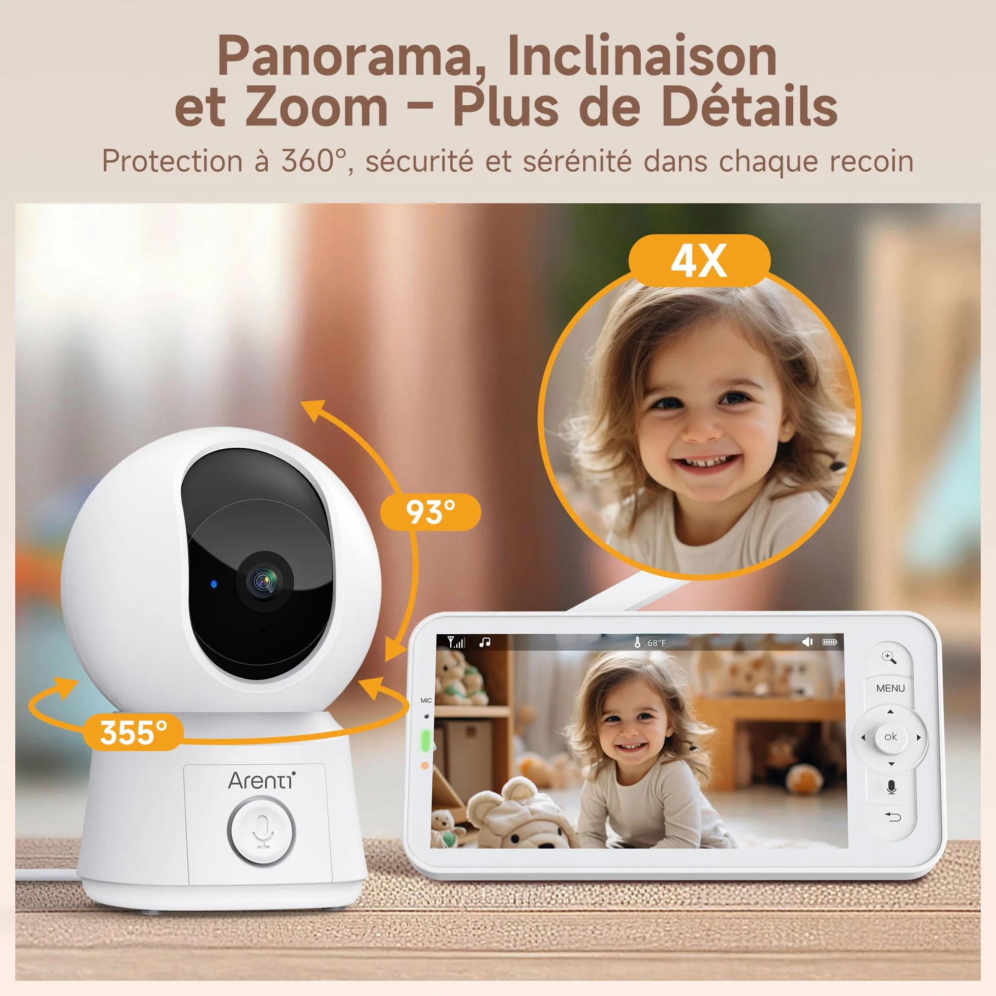 ARENTI Babyphone Camera Bébé, Moniteur Vidéo avec VOX, Détection de Température, Vision Nocturne, Suivi Automatique