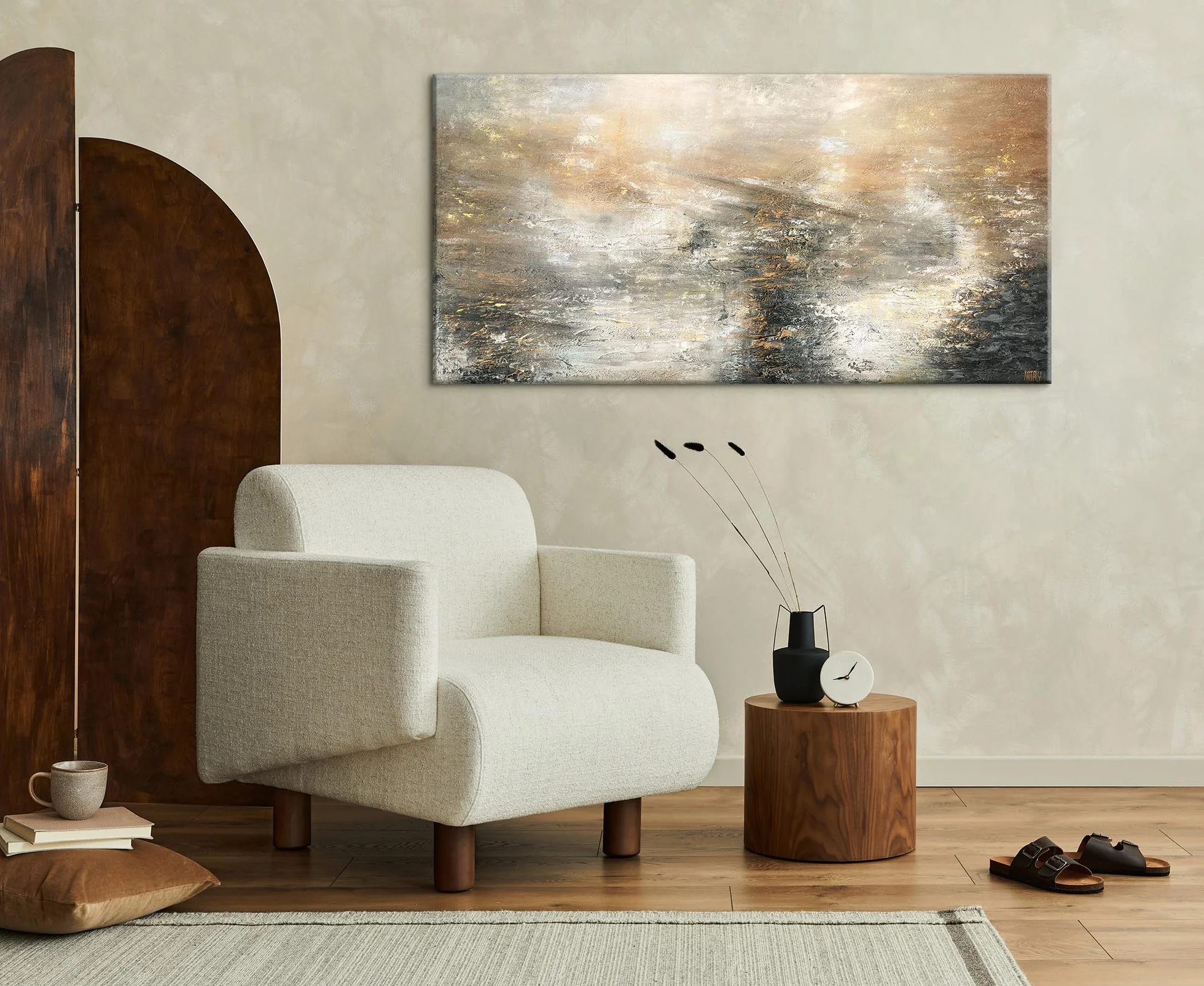 Tableau art abstrait moderne tons gris et noirs avec or 140x70 cm