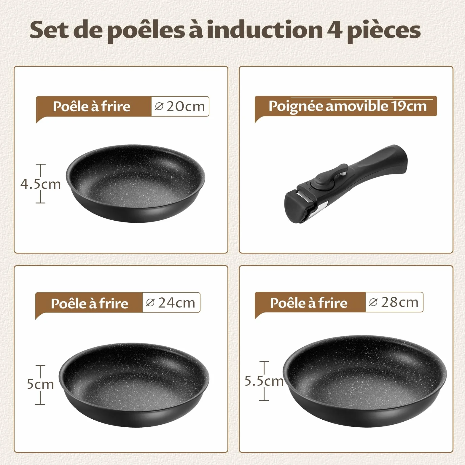 Lot de 3 Poêles avec Poignée Amovible 20/24/28 cm Anti-adhésif Induction Tous Feux Empilables