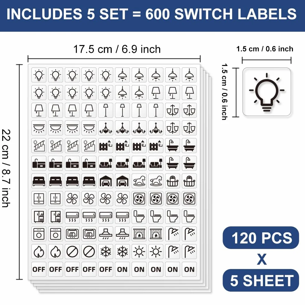600 Étiquettes Autocollantes pour Interrupteur 33 Modèles Transparents 15 x 15 mm pour Maison Cuisine Salle de Bains