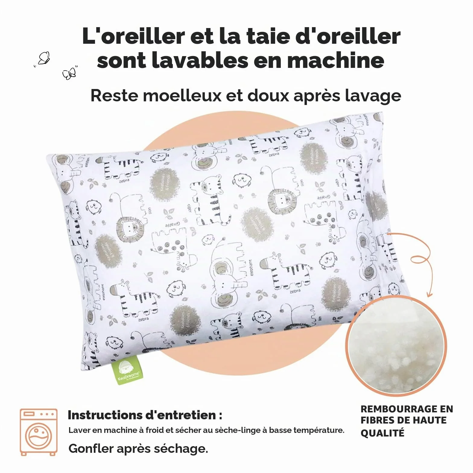 Oreiller pour Tout-Petit en Coton Biologique Doux Lavable en Machine - Taie d'oreiller incluse