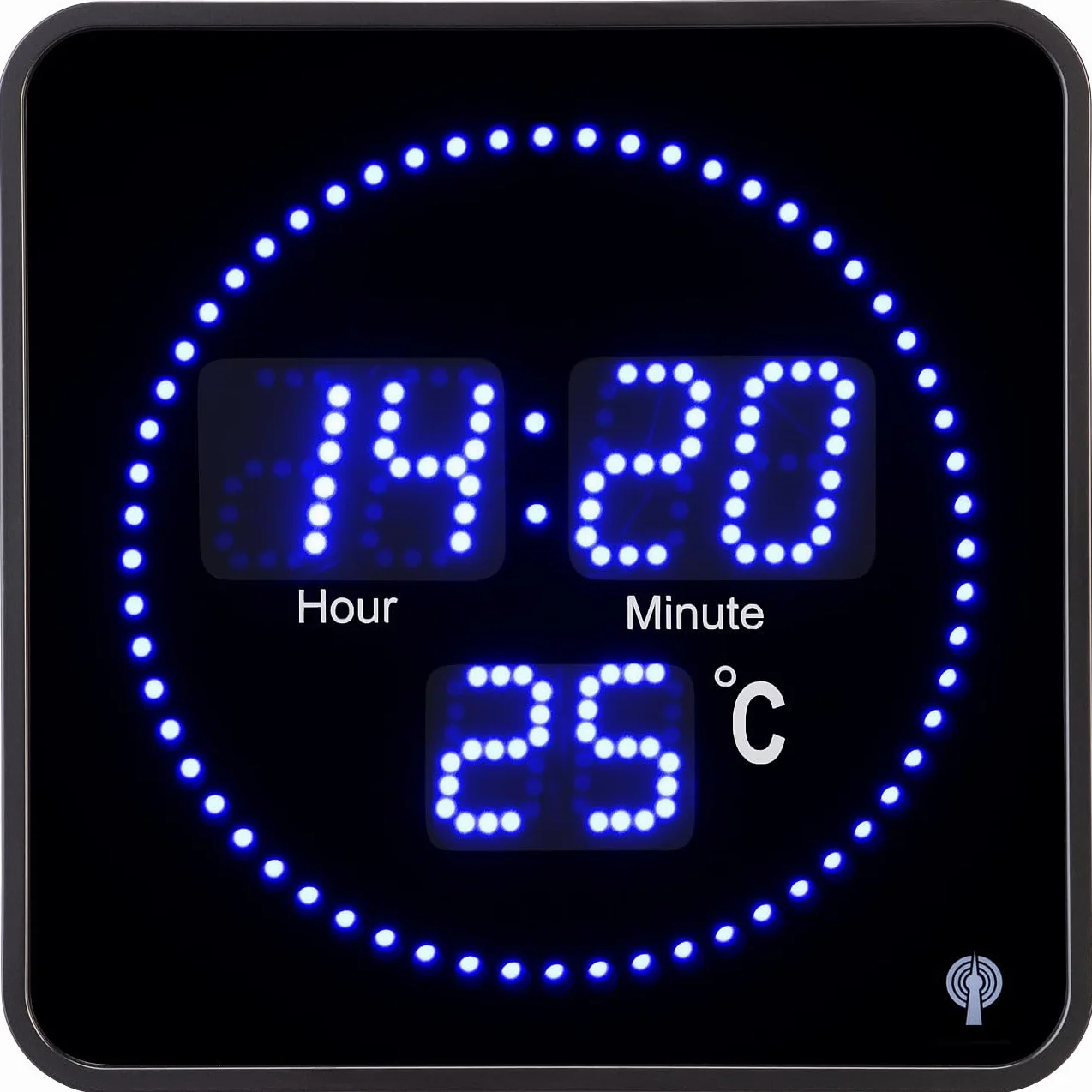 Lunartec Horloge radiopilotée avec thermomètre LED bleues 20x20 cm