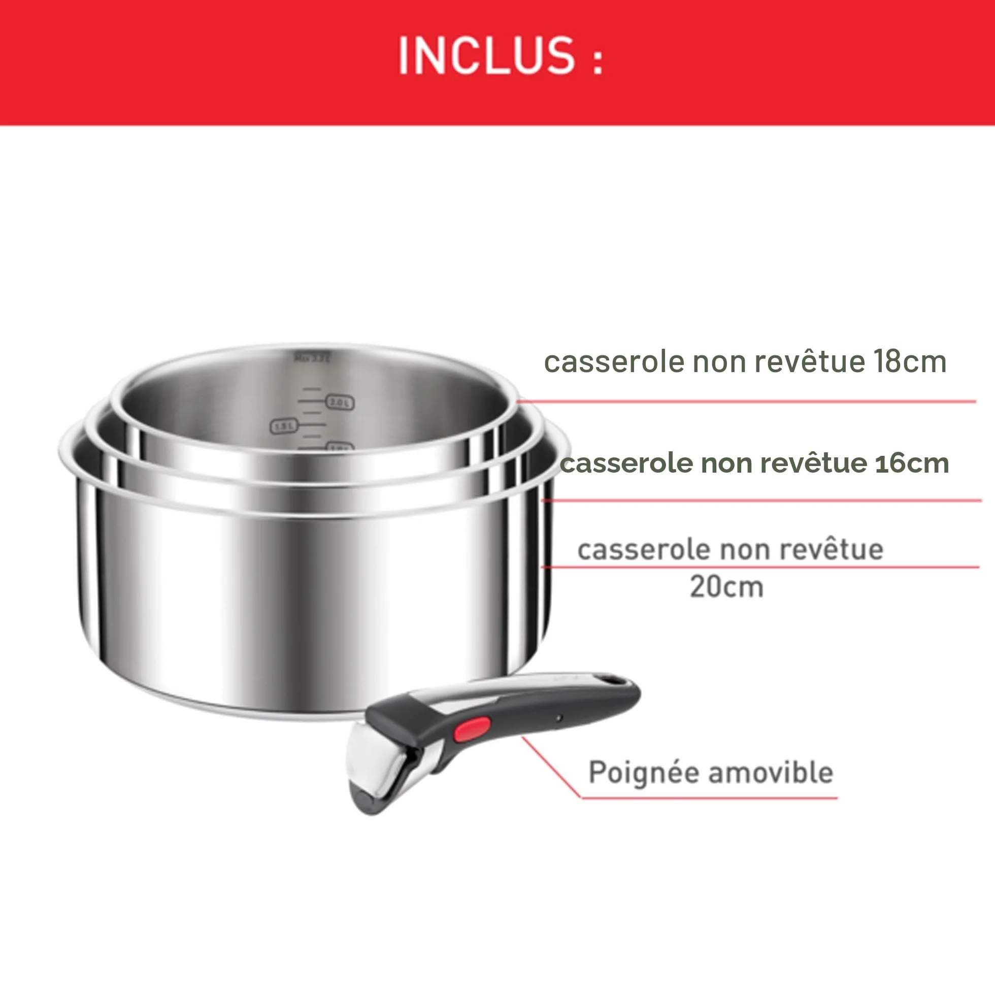 Tefal Ingenio Lot de 4 casseroles 16/18/20 cm Induction Acier inoxydable Empilable L898S334