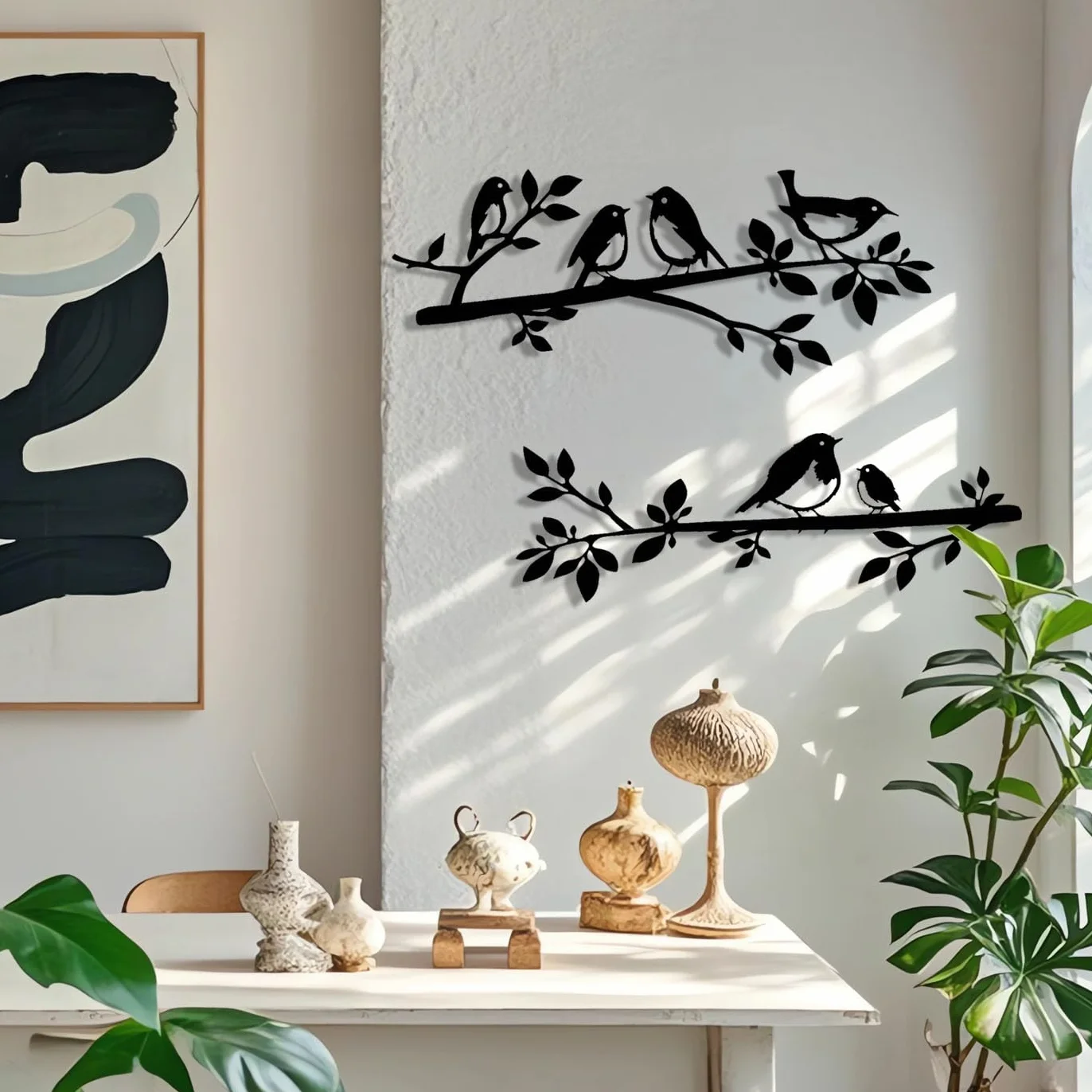 Oiseaux Muraux en Métal Décoration Murale Feuilles Silhouette pour Jardin Balcon (2)