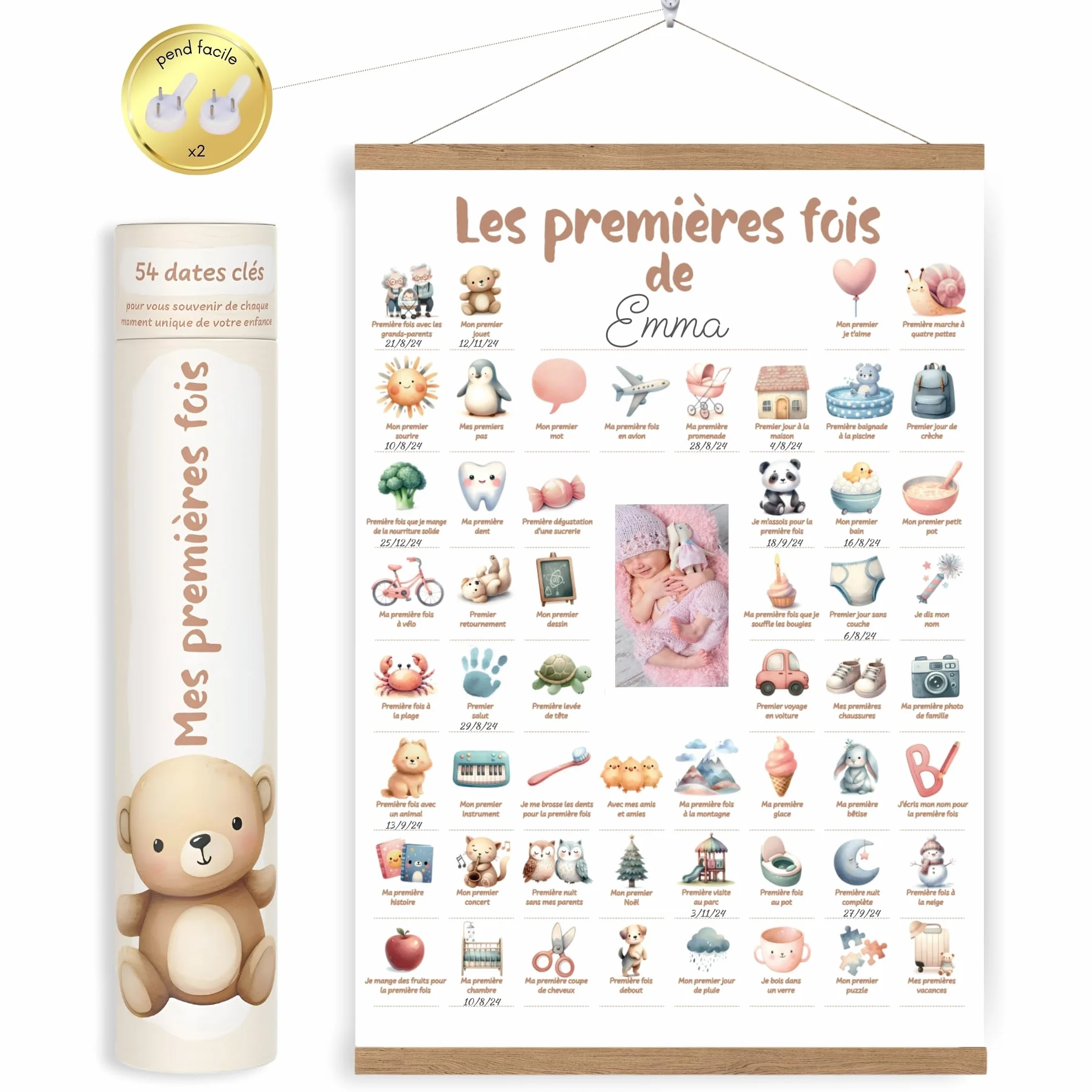Affiche Mes Premieres Fois Bebe Personnalisable Tableau Etapes Importantes avec Bandes Bois Cadeau Naissance