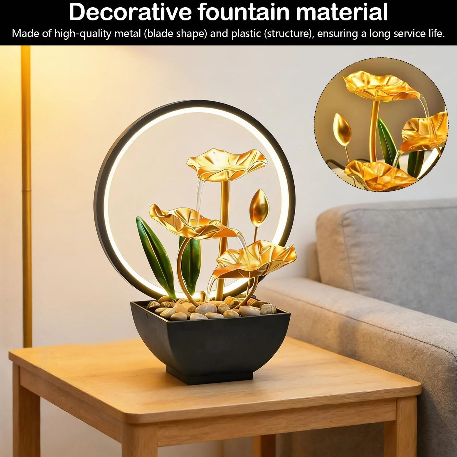 Fontaine d'intérieur LED 3 niveaux décoration zen pompe silencieuse mini cascade table