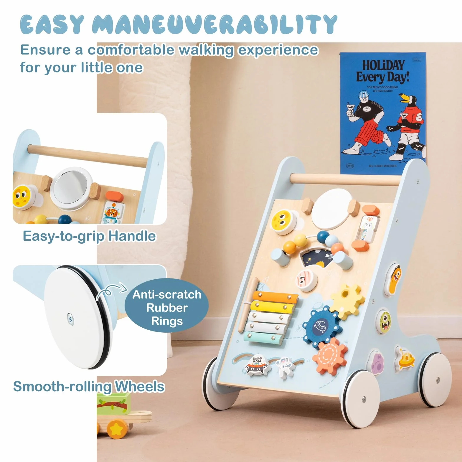 LIFEZEAL Chariot de Marche Bébé en Bois, Trotteur Evolutif 8 en 1, Centre d'activité avec Xylophone en métal, Jouet éducatif, Marcheur pour Bebe 1+ an (bleu)