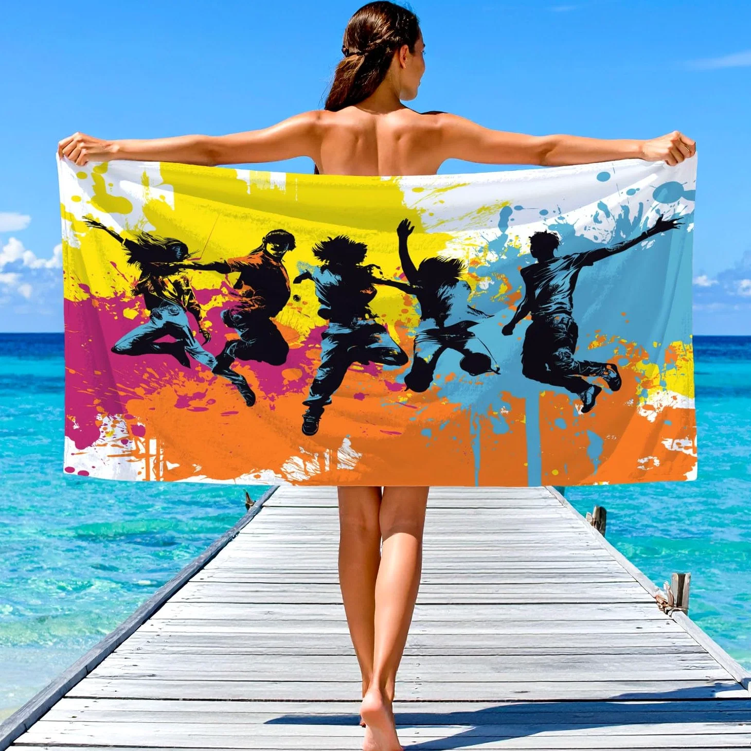 Générique Serviette de Plage Microfibre 230 x 210 CM,Drap de Plage Urbain, Graffiti, Silhouette, Couverture de Plage Absorbante,Couverture de Bain Silhouettes Vibrantes