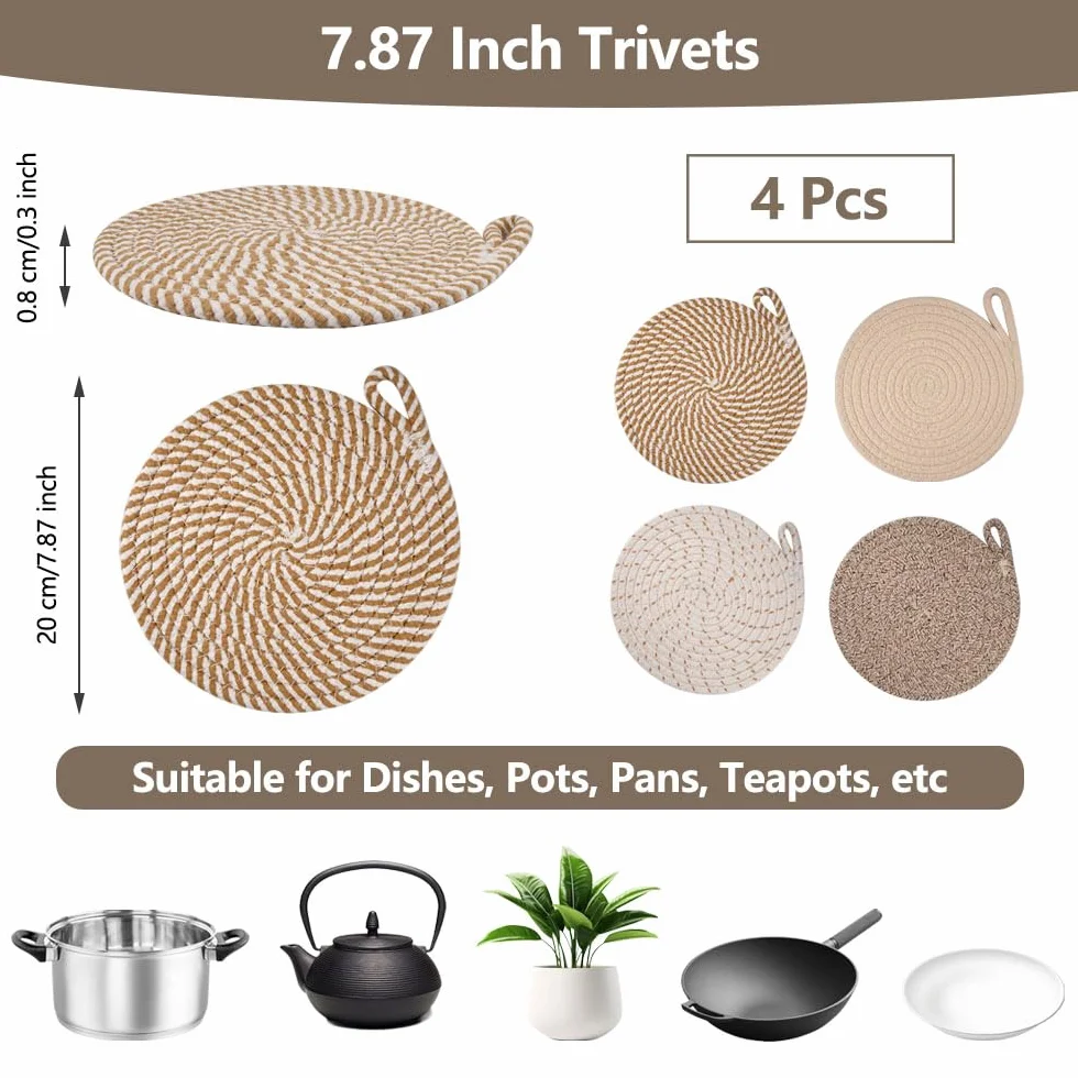 Lot de 4 Dessous de Plats Résistants à la Chaleur 20 cm en Coton Tissé Ronds pour Casseroles Poêles