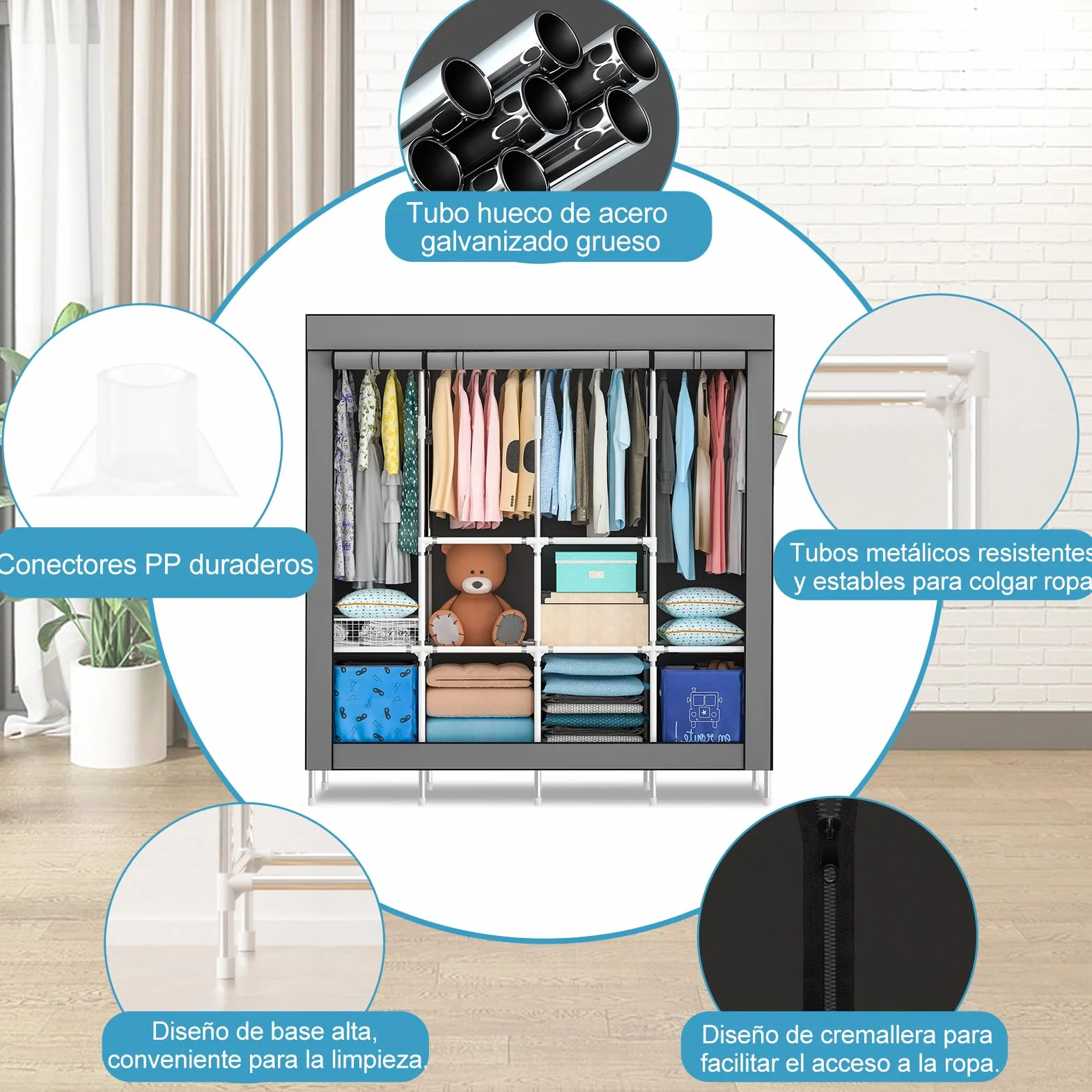 Mihoho Armoire à vêtements portable de 170 cm, organisateur de vêtements en métal, armoire autonome avec housse en tissu Oxford noir, 165 x 170 x 45 cm (gris, extra large)
