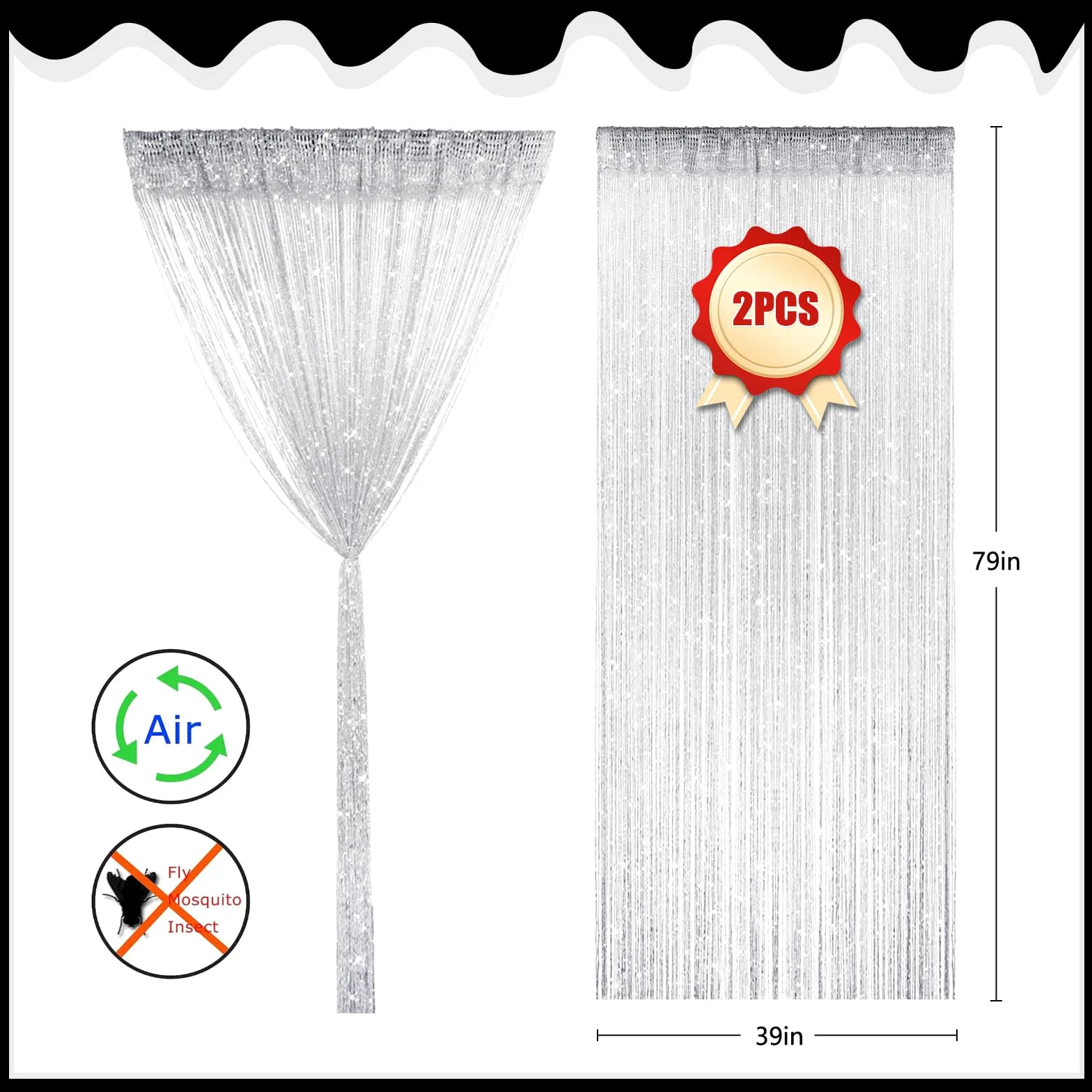 Lot de 2 rideaux à ficelles blanches de 99 x 200 cm à paillettes pour porte, chambre, placard, fenêtre, fête de mariage, décoration d'intérieur