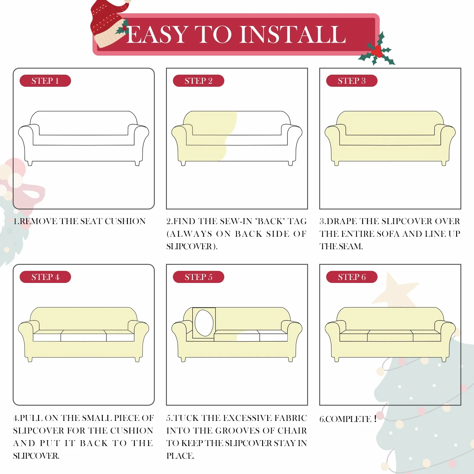 Lot de 4 Housses de Canapé 3 Places Noël Élastiques Extensibles Imprimées avec Accoudoirs Douces Antidérapantes Flocons de Neige