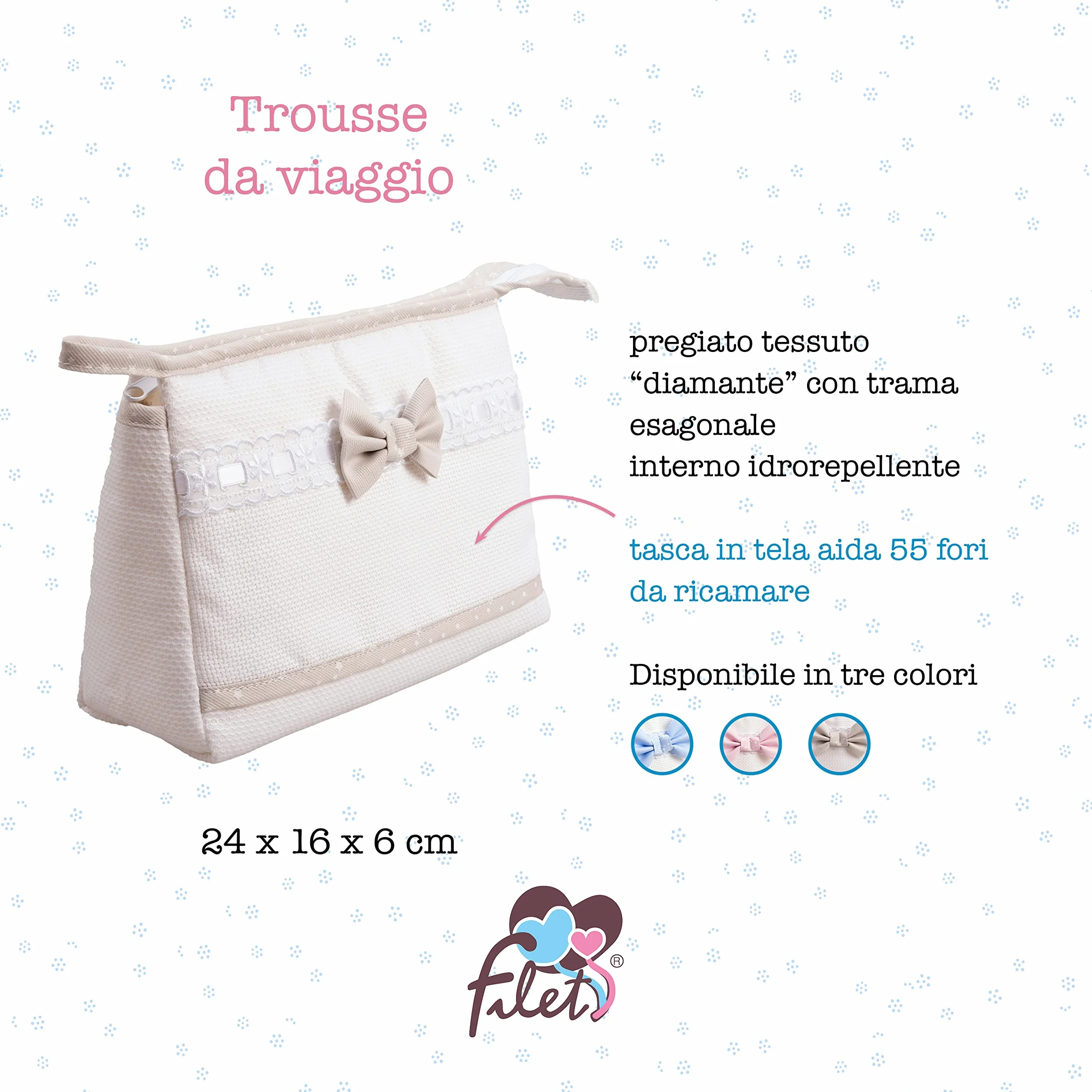 Trousse de Voyage avec Fermeture à Glissière, Organisateur de Produits de Beauté, Toile Aida à Broder, 24x16x6 cm, Blanc et Beige, Made in Italy